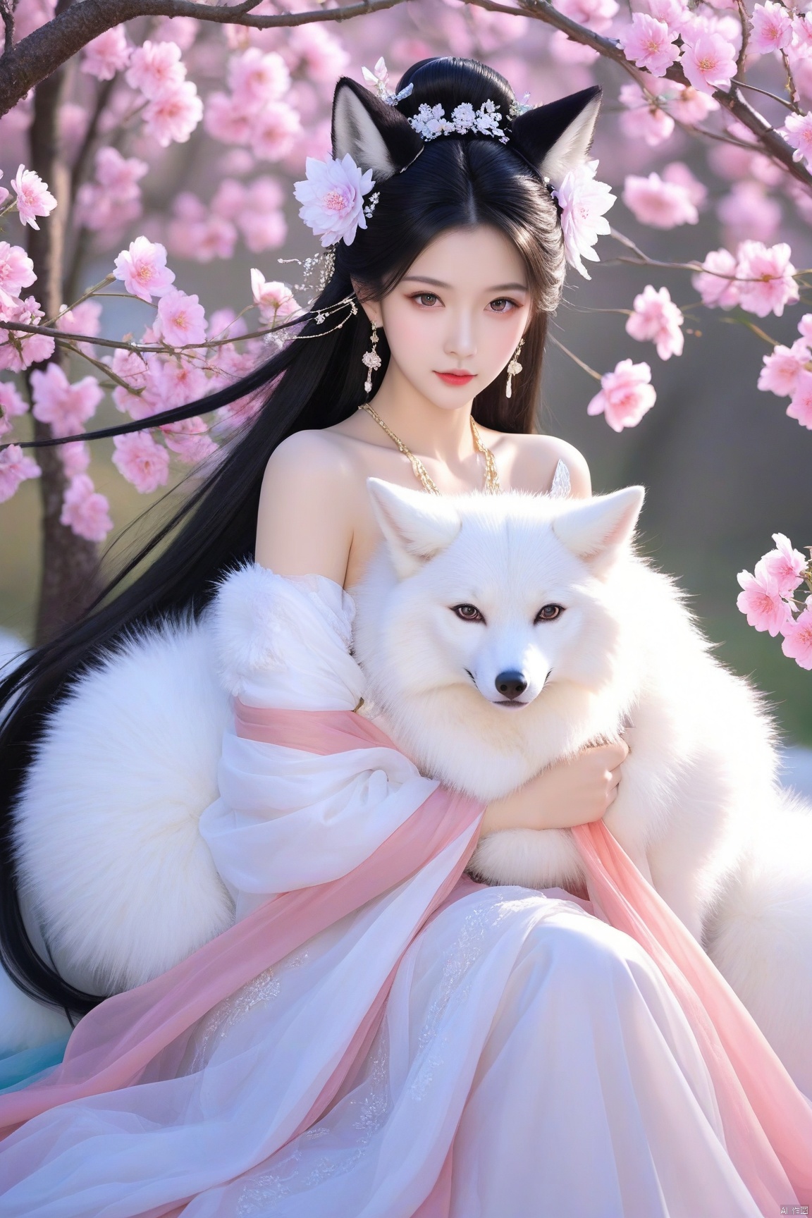 1girl, long hair, big breasts,looking at viewer,black hair, hair ornament, dress, animal ears, jewelry, sitting, flower, earrings, hair flower, hair bun, white dress, animal, wolf, fox