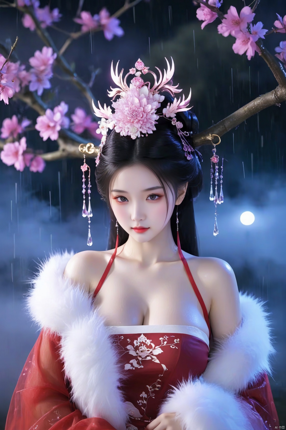 1girl, solo,big breasts,wet, long hair, black hair, crown, long sleeves,hanfu, bare shoulders,Upper body, flower, fur trim, chinese clothes, red dress,night,fog,purple light,rain,flower branches, dew