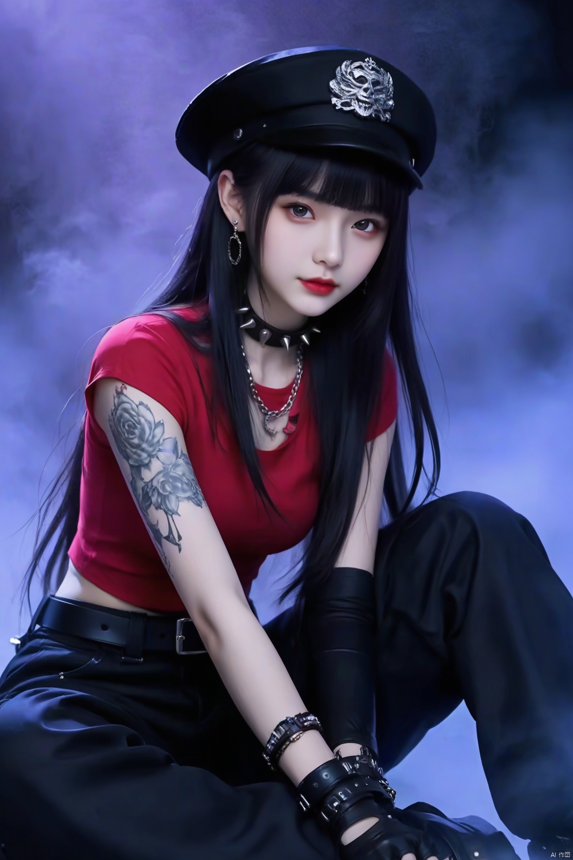 1girl, solo, long hair, looking at viewer, bangs, shirt, black hair, gloves, hat, jewelry, sitting, earrings, choker, black gloves, belt, pants, blunt bangs, fingerless gloves, necklace, black eyes, collar, bracelet, black headwear, tattoo, chain, black pants, top, red shirt, spikes, knee up, black belt, realistic, red lips, arm tattoo, spiked collar,night, fog, purple light