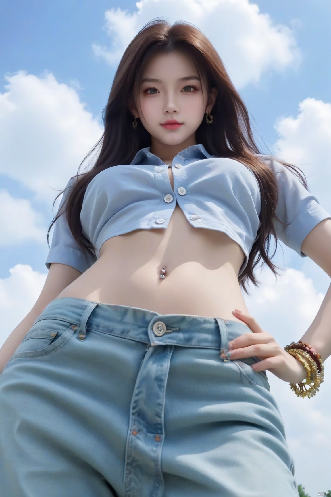 view from below,1girl, solo, long hair, breasts, looking at viewer, brown hair, shirt, unbuttoned,navel,navel piercing, waist chain, expose panties,jewelry, closed mouth, standing, earrings, outdoors, sky, day, midriff, pants, cloud, bracelet, blue sky, lips, crop top, buttons, looking down, from below, cloudy sky, denim, ground vehicle, motor vehicle, zipper, jeans, realistic, 