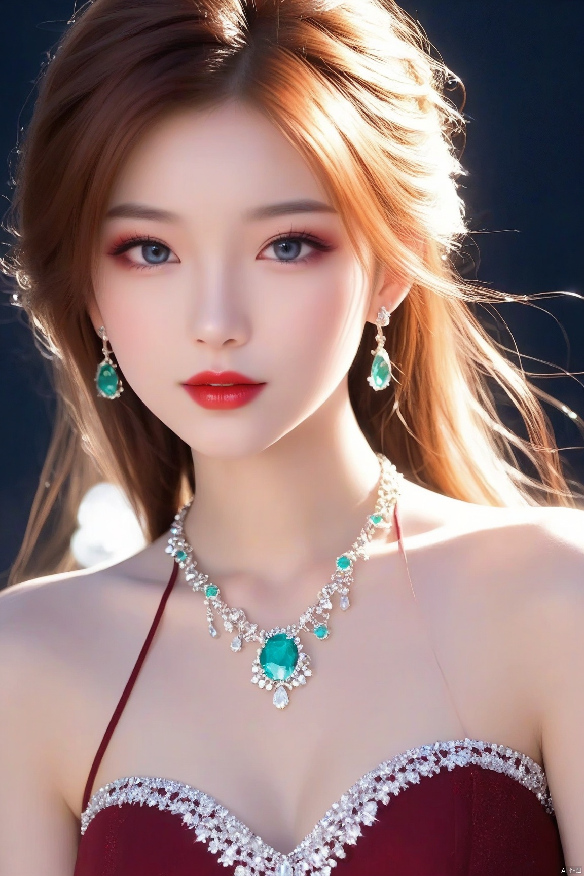 1girl, earrings, necklace, gemstones,makeup,red lips