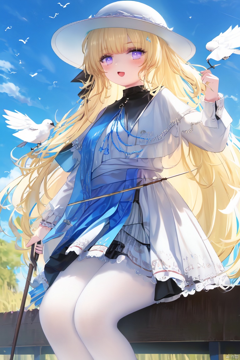 (score_9,score_8_up,score_7_up), (masterpiece),( beautiful),(high quality),(finely detailed),extremely detailed CG unity 8k wallpaper,best quality, 1girl, solo, long hair, looking at viewer, smile, bangs, skirt, blonde hair, shirt, hair ornament, long sleeves, hat, sitting, very long hair, closed mouth, purple eyes, sky, cloud, blue sky, bird, white headwear, white skirt, staff, white pantyhose, blurry foreground, holding staff, dove, white bird,phoebe