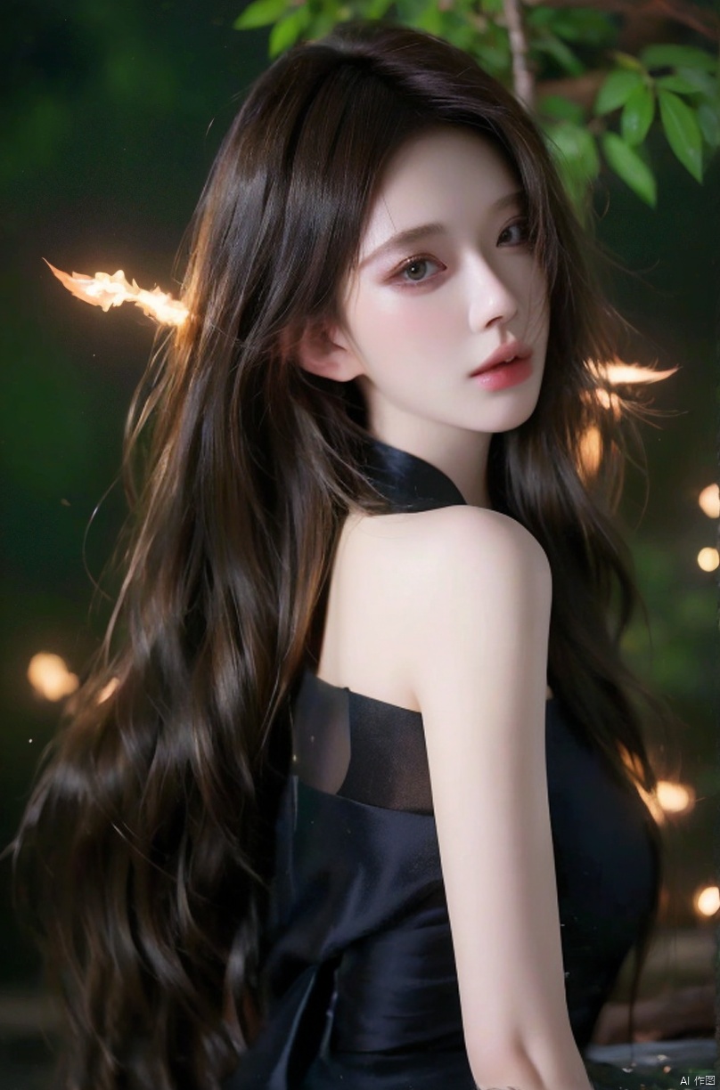 1girl, solo, official art, unity 8k wallpaper, ultra detailed, beautiful and aesthetic, masterpiece, best quality, photorealistic, glowworm, in the wood of (firefly:1.3), bonfire, dark theme 