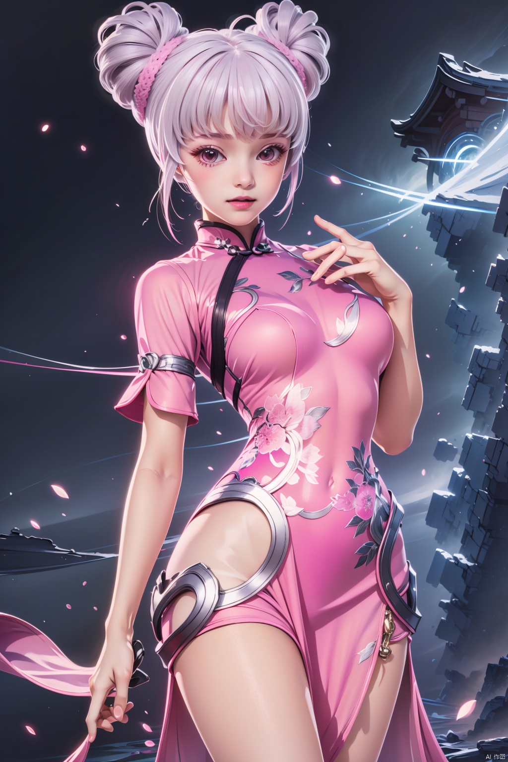 1girl, solo, looking at viewer, bangs, dress, pink hair, hair bun, double bun, chinese clothes, pink dress,masterpiece,best quality,official art,extremely detailed CG unity 8k wallpaper,,,Above the waist,Thigh exposed,