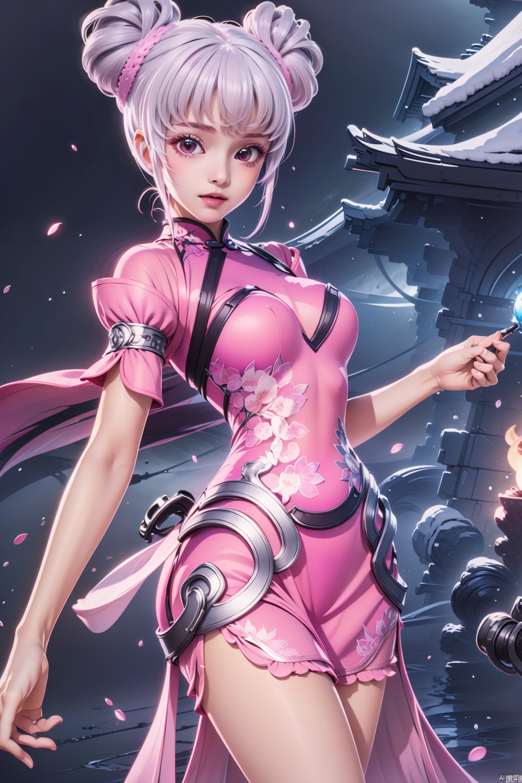 1girl, solo, looking at viewer, bangs, dress, pink hair, hair bun, double bun, chinese clothes, pink dress,masterpiece,best quality,official art,extremely detailed CG unity 8k wallpaper,,,Above the waist,Thigh exposed,