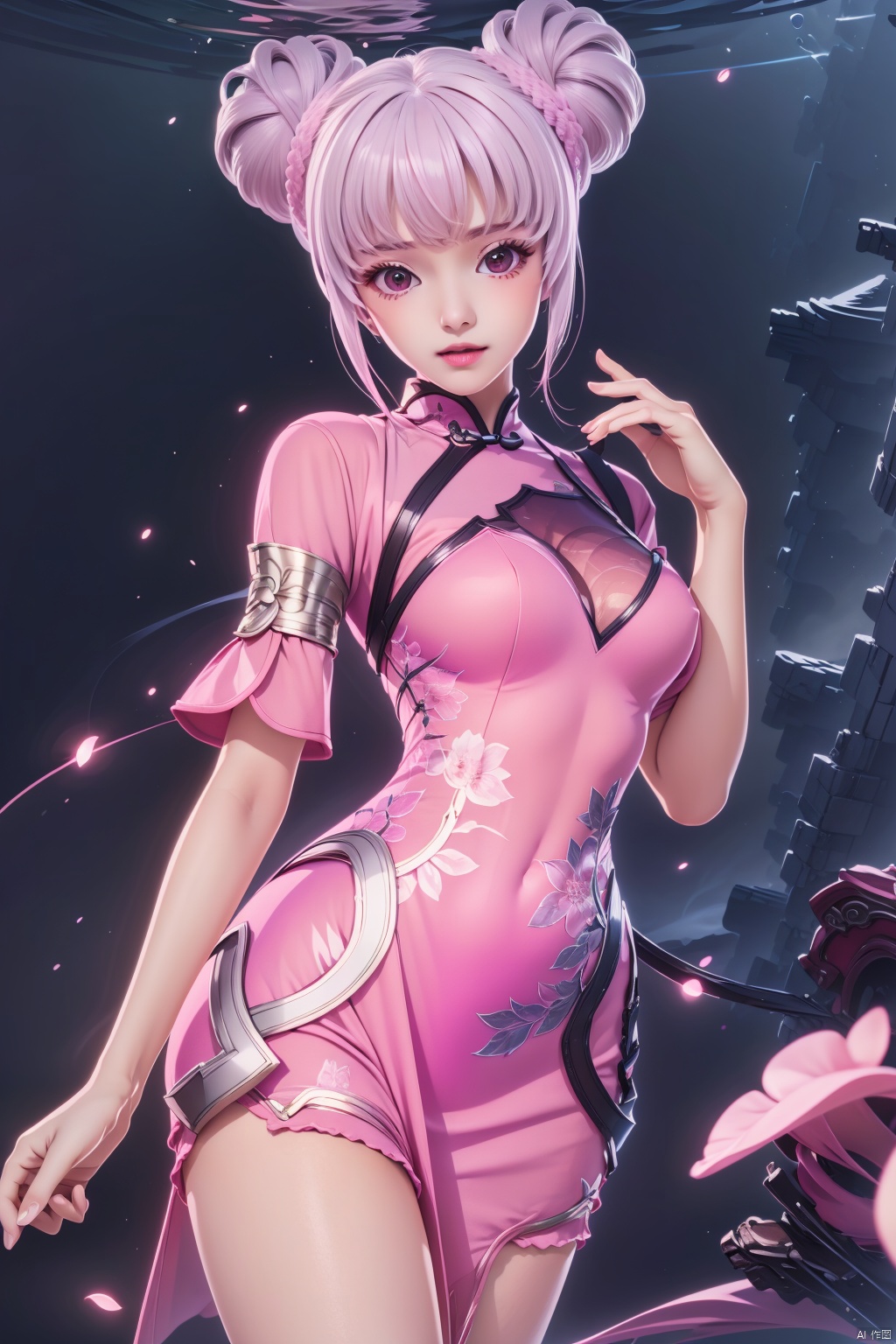 1girl, solo, looking at viewer, bangs, dress, pink hair, hair bun, double bun, chinese clothes, pink dress,masterpiece,best quality,official art,extremely detailed CG unity 8k wallpaper,,,Above the waist,Thigh exposed,