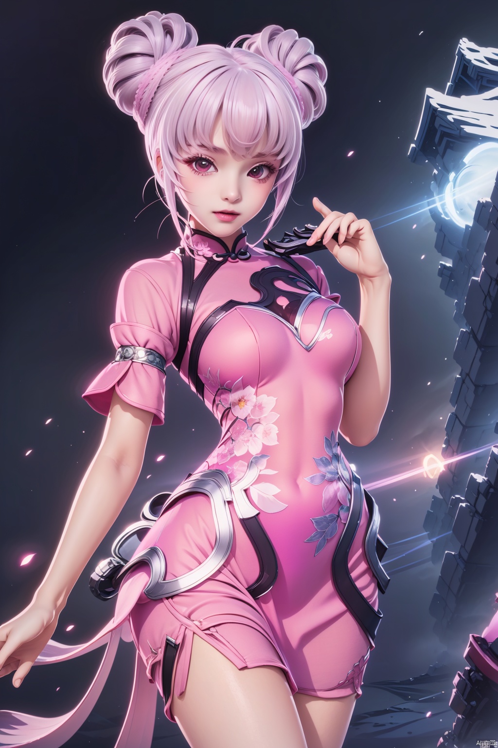 1girl, solo, looking at viewer, bangs, dress, pink hair, hair bun, double bun, chinese clothes, pink dress,masterpiece,best quality,official art,extremely detailed CG unity 8k wallpaper,,,Above the waist,Thigh exposed,