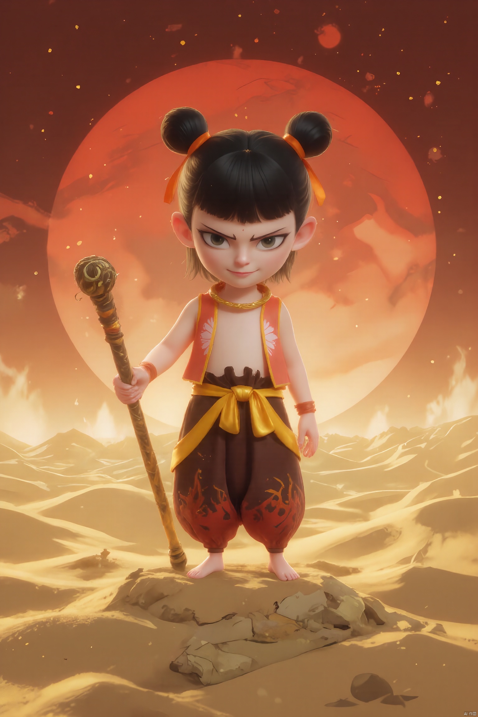 LGNZ, Digital illustration of a fierce, young warrior with a curious and adventurous smile. His short black hair is styled into two high buns tied with orange ribbons. he wears an orange and brown outfit that mimics the texture of leather, paired with yellow and brown desert-patterned pants. he wields a long, staff made of twisted vines, standing on a platform of shifting sands. The background is a vast, golden desert under a blood-red sunset, evoking a sense of exploration and mystery. The art style is rugged and vivid, with a desert fantasy theme.