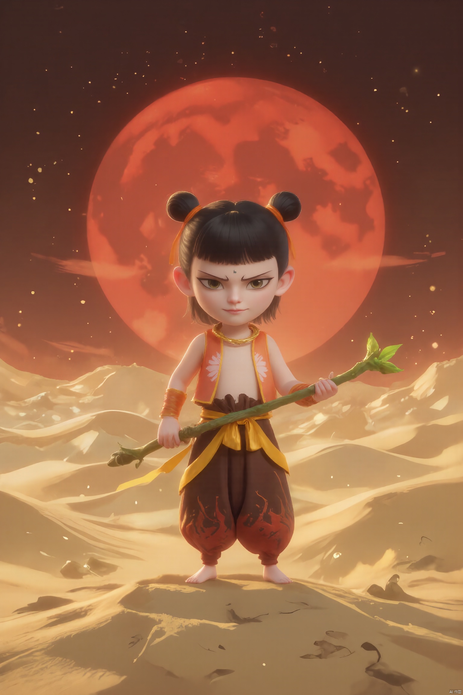 LZNZ, Digital illustration of a fierce, young warrior with a curious and adventurous smile. His short black hair is styled into two high buns tied with orange ribbons. he wears an orange and brown outfit that mimics the texture of leather, paired with yellow and brown desert-patterned pants. he wields a long, staff made of twisted vines, standing on a platform of shifting sands. The background is a vast, golden desert under a blood-red sunset, evoking a sense of exploration and mystery. The art style is rugged and vivid, with a desert fantasy theme.