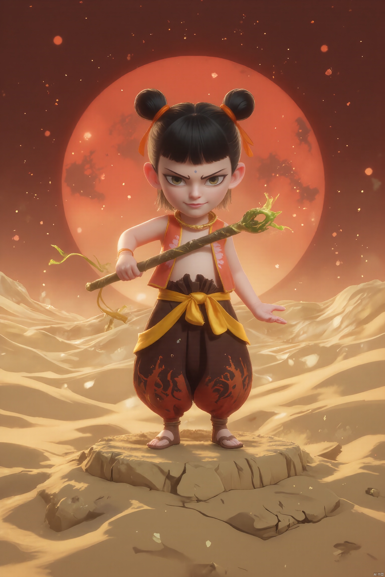 LZNZ, Digital illustration of a fierce, young warrior with a curious and adventurous smile. His short black hair is styled into two high buns tied with orange ribbons. he wears an orange and brown outfit that mimics the texture of leather, paired with yellow and brown desert-patterned pants. he wields a long, staff made of twisted vines, standing on a platform of shifting sands. The background is a vast, golden desert under a blood-red sunset, evoking a sense of exploration and mystery. The art style is rugged and vivid, with a desert fantasy theme.