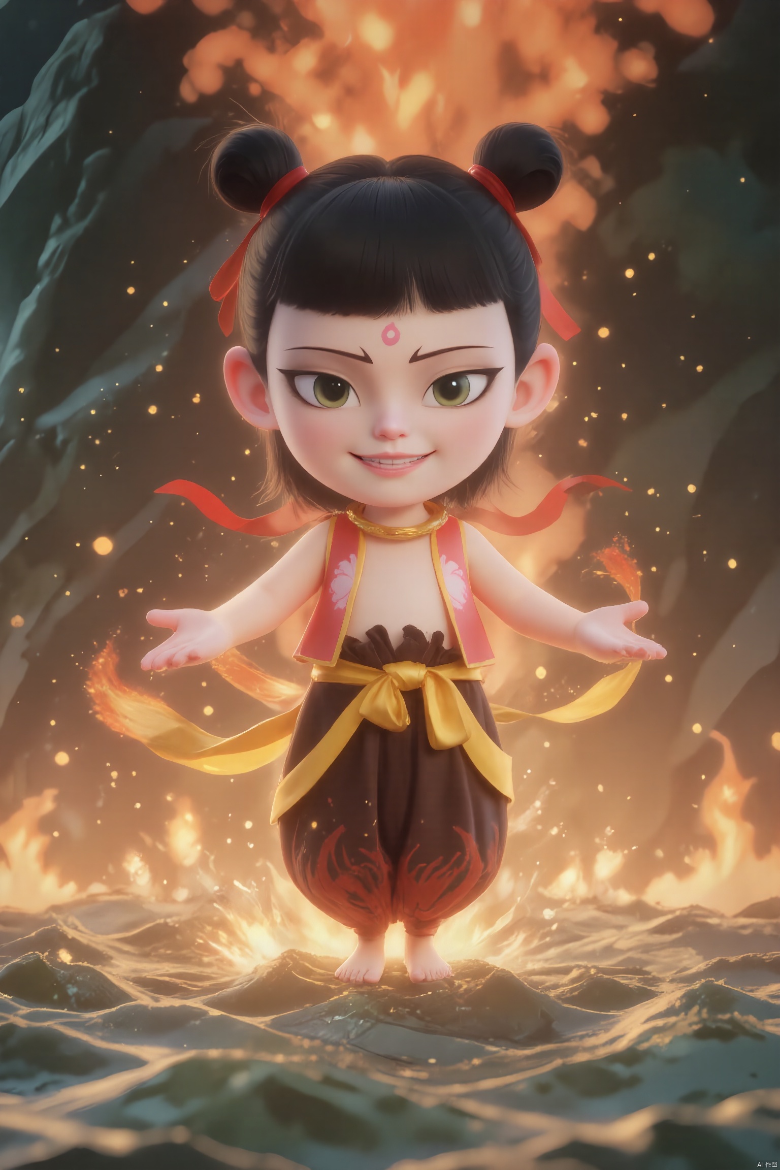LGNZ, Chinese black and white ink painting,overall illustration style,nezha,A CGI image of a cute,a boy with dark hair in buns,wearing a red and gold outfit with a sash,and red ribbons flowing around her. he has a wide,toothy grin and a small red dot on her forehead. His feet are on fire,the background is a towering flame,under my feet are rolling giant waves,