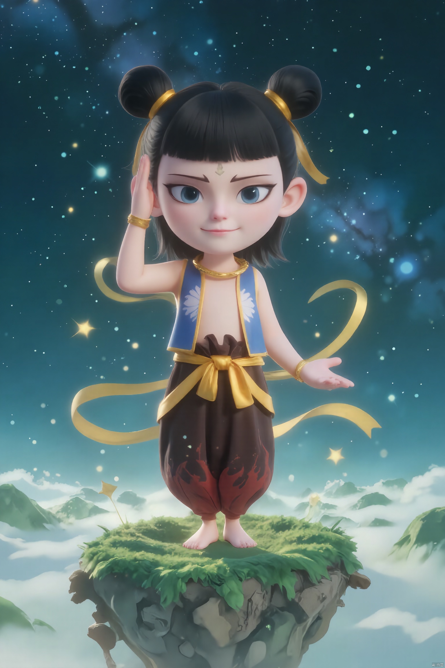 LGNZ, A boy with black hair styled in twin buns, wearing a blue and gold outfit with a blue ribbon tied around his waist, stands proudly on a floating island with stars beneath her feet. he sports a playful smile, blue eyes, and a gold star on his forehead. Gold ribbons twirl around her, and the background showcases a cosmic landscape with shimmering galaxies. The image is a digital illustration in a dreamy, ethereal style.