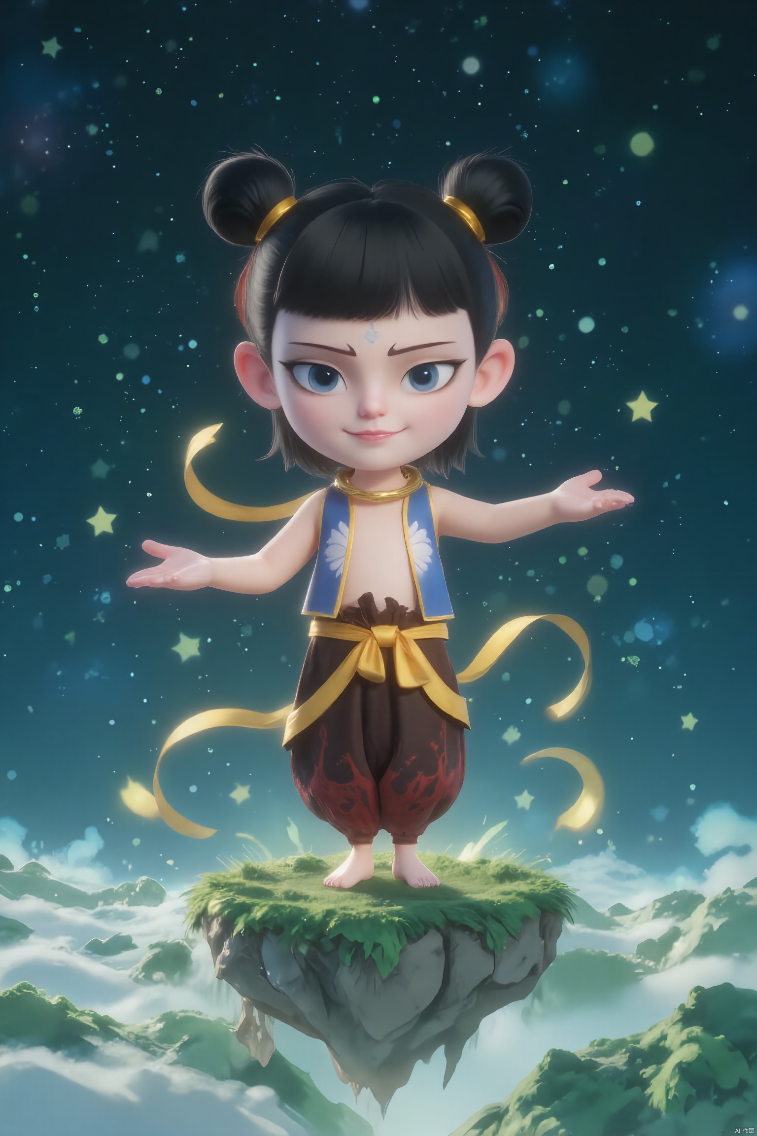 LGNZ, A boy with black hair styled in twin buns, wearing a blue and gold outfit with a blue ribbon tied around his waist, stands proudly on a floating island with stars beneath her feet. he sports a playful smile, blue eyes, and a gold star on his forehead. Gold ribbons twirl around her, and the background showcases a cosmic landscape with shimmering galaxies. The image is a digital illustration in a dreamy, ethereal style.