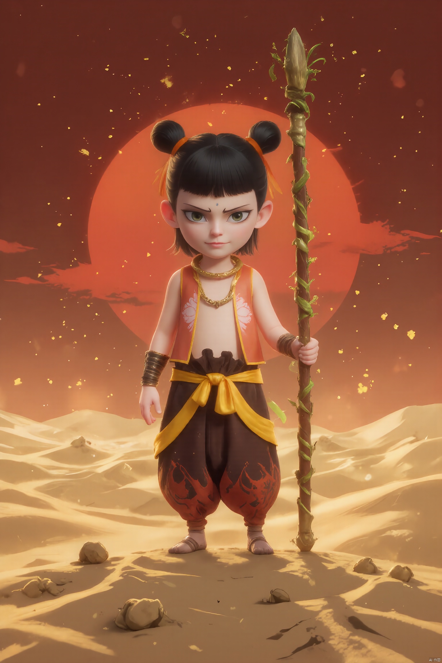 LGNZ, Digital illustration of a fierce, young warrior with a curious and adventurous smile. His short black hair is styled into two high buns tied with orange ribbons. he wears an orange and brown outfit that mimics the texture of leather, paired with yellow and brown desert-patterned pants. he wields a long, staff made of twisted vines, standing on a platform of shifting sands. The background is a vast, golden desert under a blood-red sunset, evoking a sense of exploration and mystery. The art style is rugged and vivid, with a desert fantasy theme.