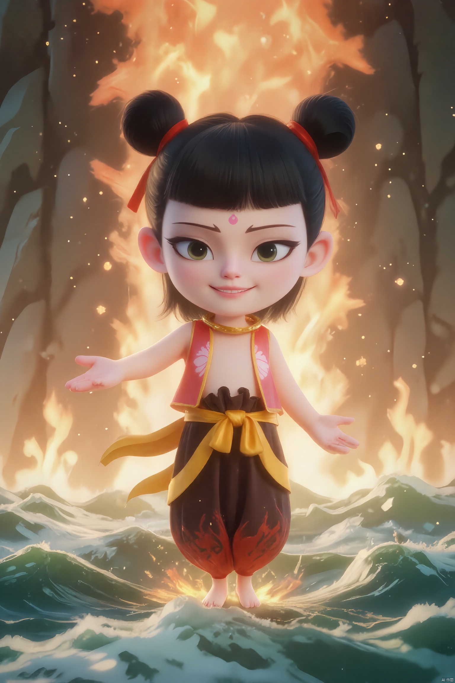 LGNZ, Chinese black and white ink painting,overall illustration style,nezha,A CGI image of a cute,a boy with dark hair in buns,wearing a red and gold outfit with a sash,and red ribbons flowing around her. he has a wide,toothy grin and a small red dot on her forehead. His feet are on fire,the background is a towering flame,under my feet are rolling giant waves,