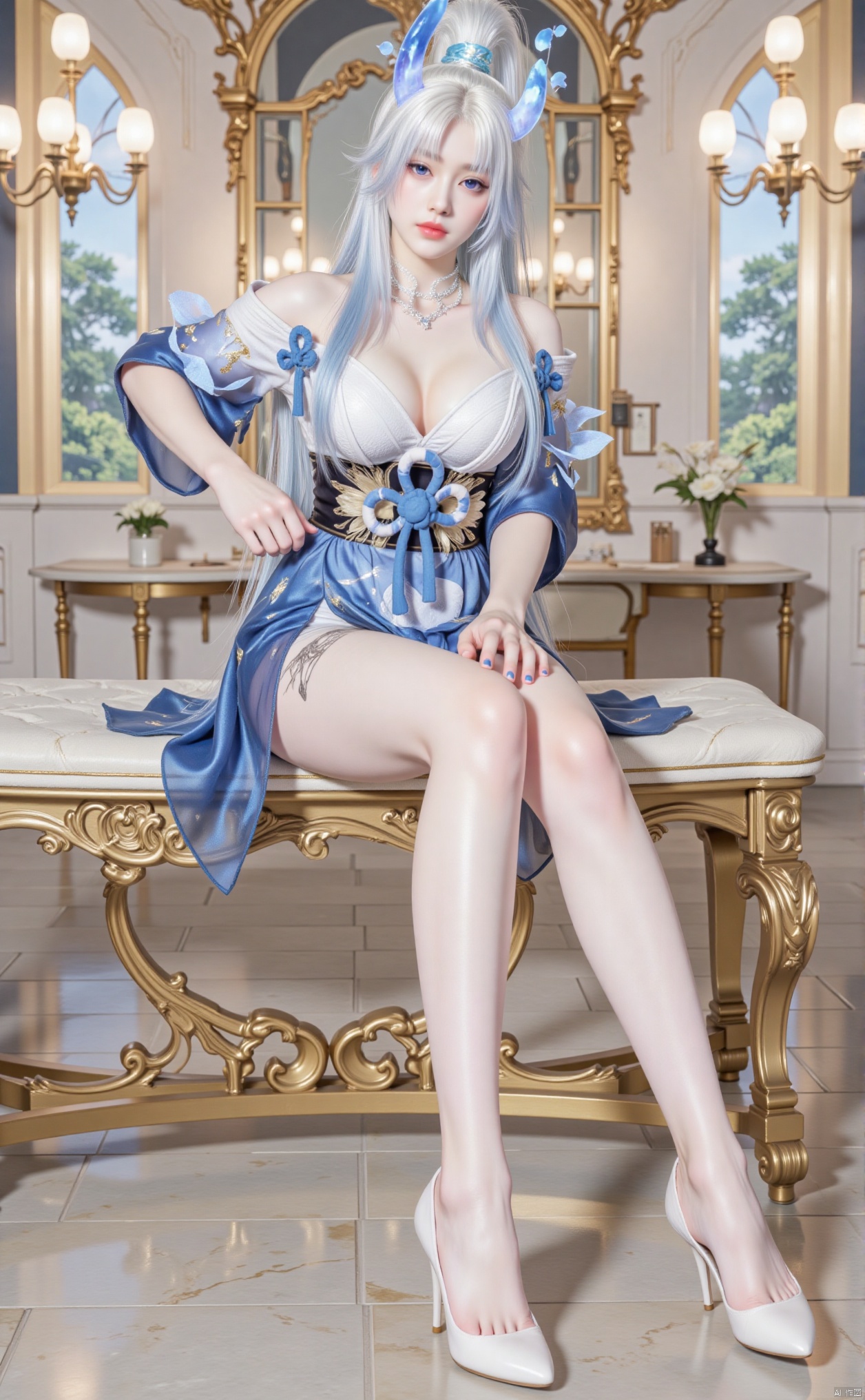 ydj_xmxc,1girl,solo,long hair,Long blue and white hair,full body,Keywords off-the-shoulder, cleavage, medium breast, ear chain, indoor,Exposing thighs, sit,looking_at_viewer,long leags,white silk pantyhose, White high heels,Upward angle of view,Inside the palace, the palace and the glass reflect light.Magnificent palaces, gold and jewels