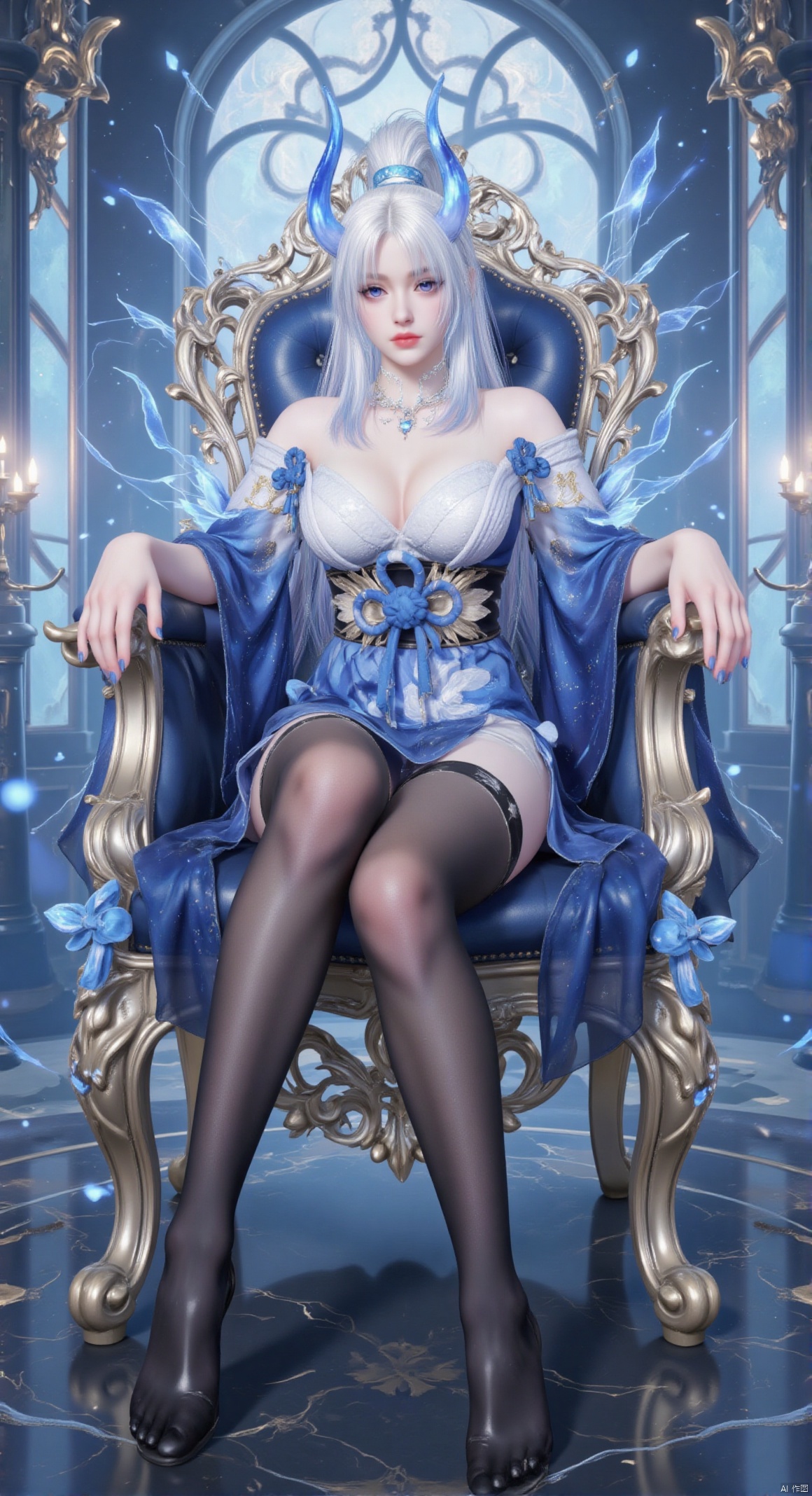 ydj_xmxc,1girl,solo,long hair,Long blue and white hair,full body,Keywords off-the-shoulder, cleavage, medium breast, ear chain, Horns,indoor,Exposing thighs, sit,looking_at_viewer,long leags,,from below,Upward angle of view,Keywords palace, palace, reflective glass, throne,Black silk pantyhose, high heels,transparent