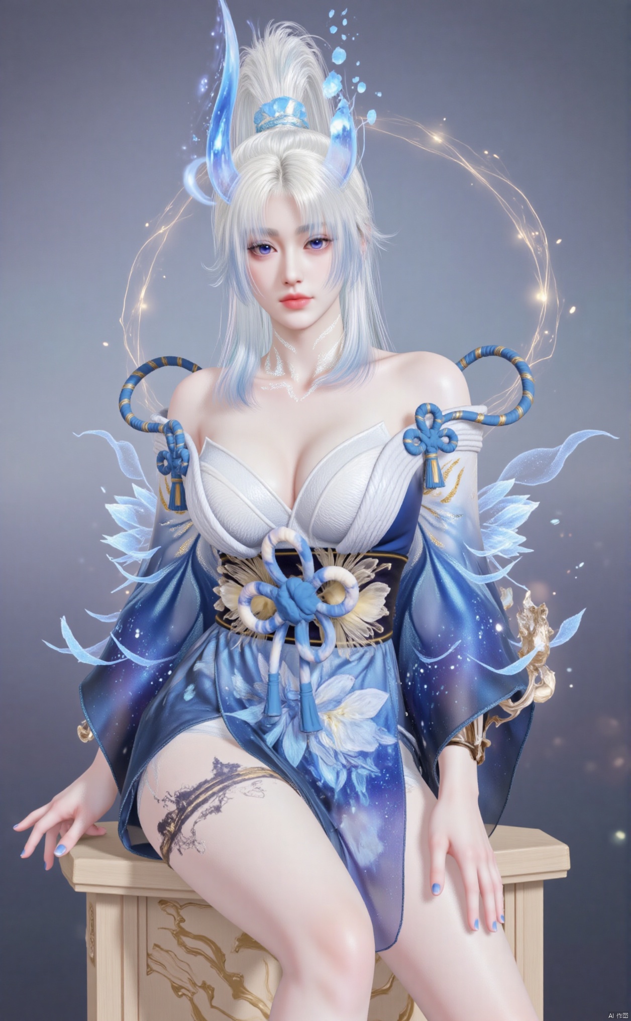ydj_xmxc,1girl,solo,long hair,Long blue and white hair,full body,Keywords off-the-shoulder, cleavage, medium breast, ear chain, indoor,Exposing thighs, sit,looking_at_viewer,