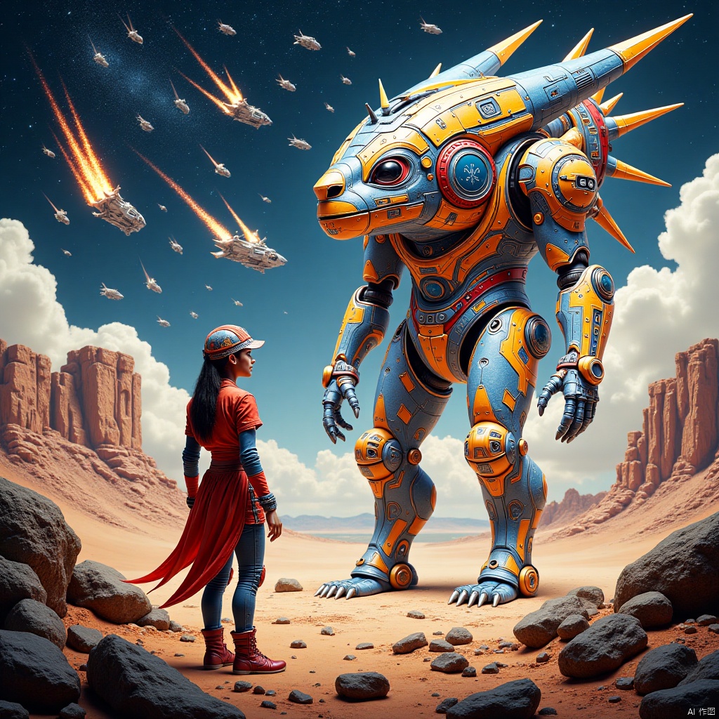 Robot, fighting posture,Robot,in the distant future,on a mysterious alien base on the edge of the Milky Way,a well-equipped mecha maiden stands quietly,her shining mechanical armor contrasting with the busy and orderly war machines around her. Overhead,various types of starships shuttle through the sky like meteors,either on patrol missions or preparing for hyperspace jumps. There was an atmosphere of tension and anticipation in the base,as if a battle to determine the fate of the universe was about to begin. The picture captures the strong contrast between this stillness and movement,as well as the endless story possibilities contained therein.,Strange animal