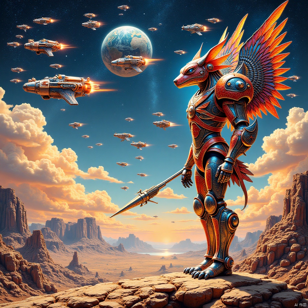 Robot, fighting posture,Robot,in the distant future,on a mysterious alien base on the edge of the Milky Way,a well-equipped mecha maiden stands quietly,her shining mechanical armor contrasting with the busy and orderly war machines around her. Overhead,various types of starships shuttle through the sky like meteors,either on patrol missions or preparing for hyperspace jumps. There was an atmosphere of tension and anticipation in the base,as if a battle to determine the fate of the universe was about to begin. The picture captures the strong contrast between this stillness and movement,as well as the endless story possibilities contained therein.,Strange animal