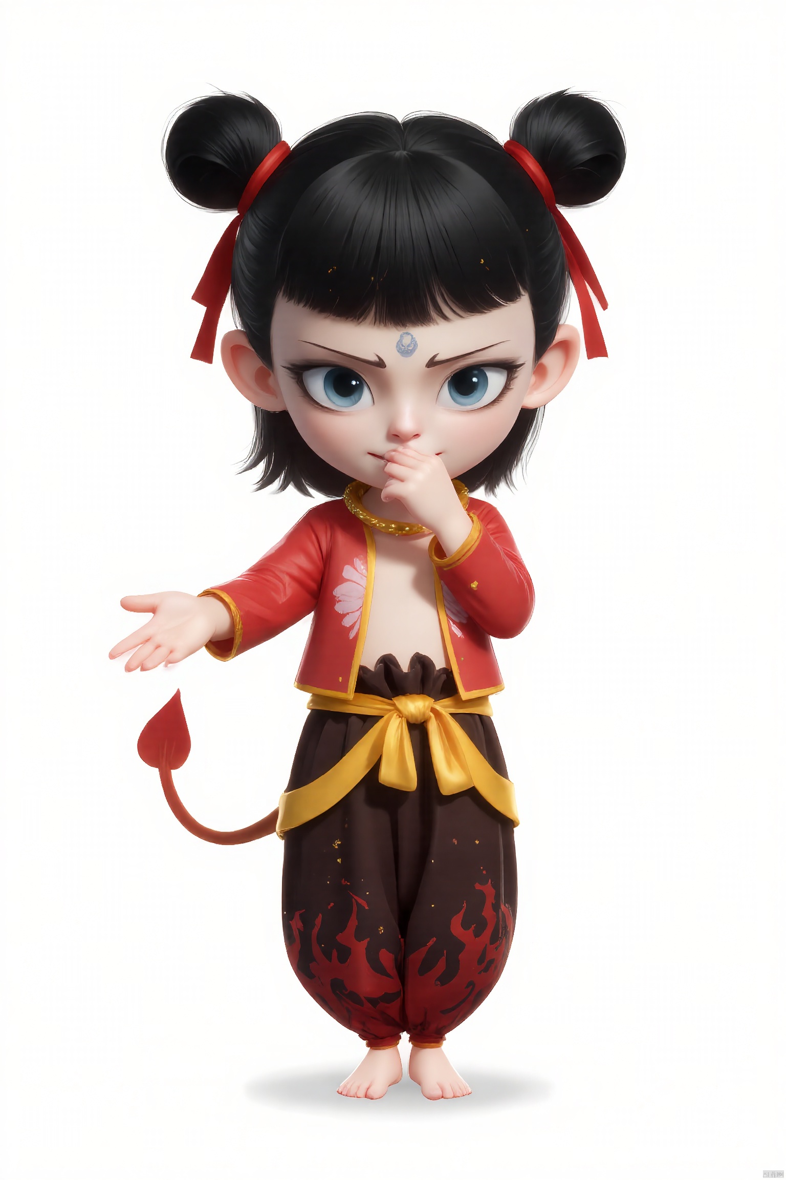 LZNZ, Q print style, cute style, simple style, high-end sense, dreamy sense, a picture of a demon child Nezha, cute style, thick dark circles, and expressions are laughing, naughty, covering the mouth, doubt, grievance, and sadness. Pure white background, emoticon design, ultra high definition, ultra-detail, bright lights
