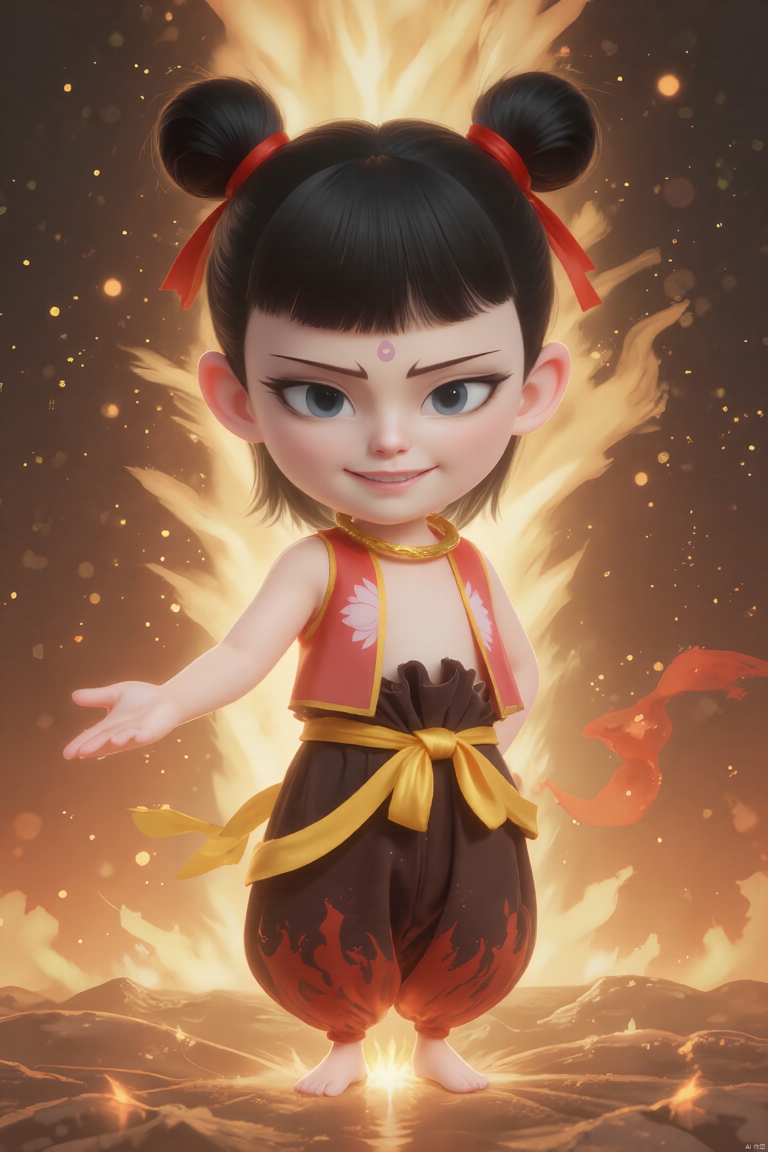 LZNZ, Chinese black and white ink painting,overall illustration style,nezha,A CGI image of a cute,a boy with dark hair in buns,wearing a red and gold outfit with a sash,and red ribbons flowing around her. he has a wide,toothy grin and a small red dot on her forehead. His feet are on fire,the background is a towering flame,under my feet are rolling giant waves,