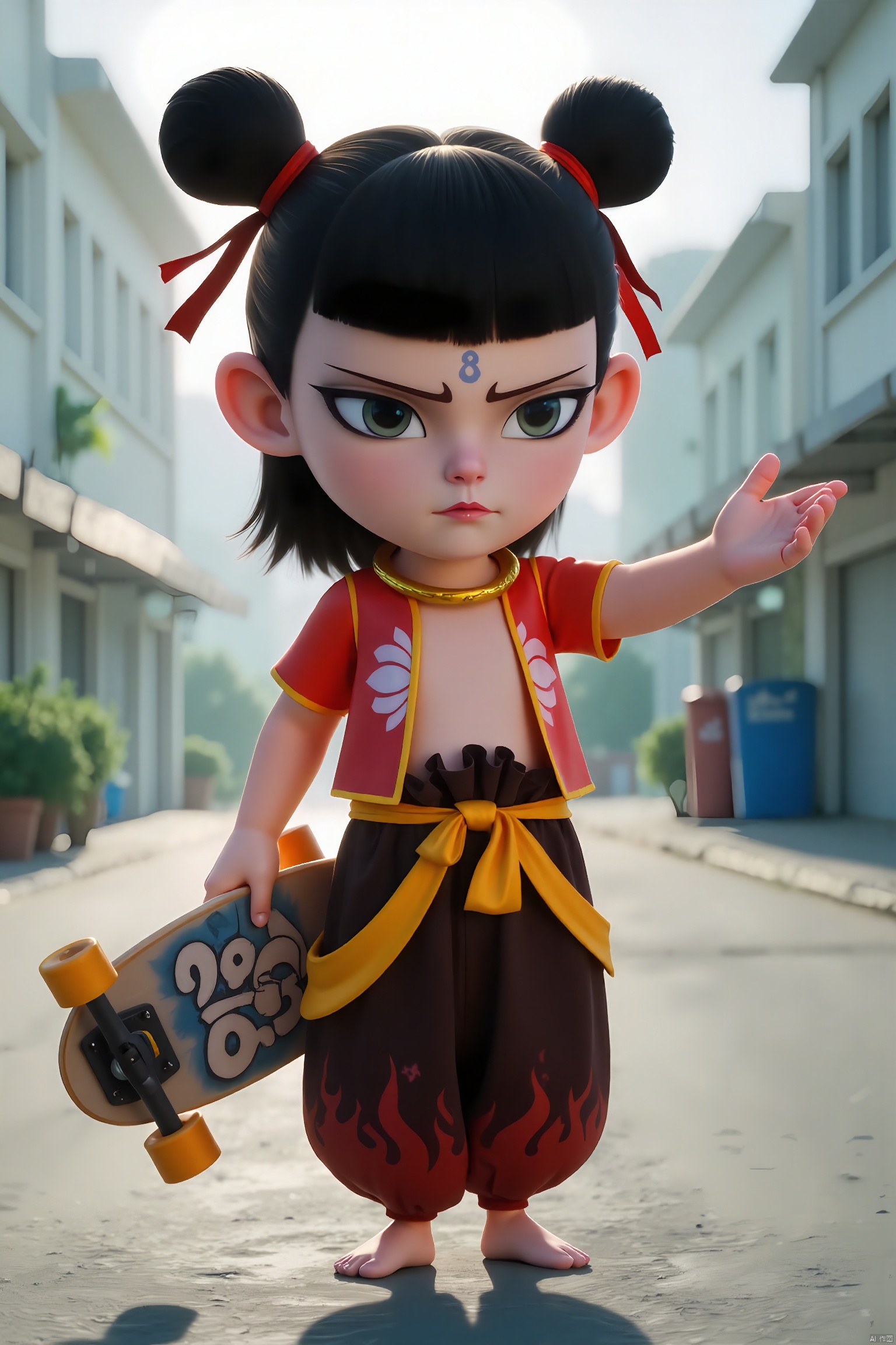 LZNZ,1BOY, young Nezha, full body, black double bun, hair flying in the wind, slightly raised its head, light shining on its face, arrogant expression, world-weary, proud expression, facial light, transparent face, bold Color, rough face, rough face, facial strokes, large color, transparent texture skin tone, skin seems to be transparent, delicate skin, silhouette, black smoky makeup, dark circles, golden eyes, forehead Imprint with red flame shape, wearing red and yellow short-sleeved, wide-leg pants, holding graffiti skateboard, fashion, street style, central composition, bold brushstrokes, street background, oil painting, oil brushstrokes, high-end gray, fashion, high-end sense, Depression, oppression, atmosphere, masterpiece, bright brushstrokes, bright small brushstroke embellishment, bright, dream core, advanced, advanced sense, advanced sense photography composition, Rembrandt light, hazy beauty, matte texture painting, brushstroke feeling, texture sense , retro oil painting, natural skin tone, minimalist face, clear strokes, blurred face, impressionism, impressionist oil painting, graphic design, color composition