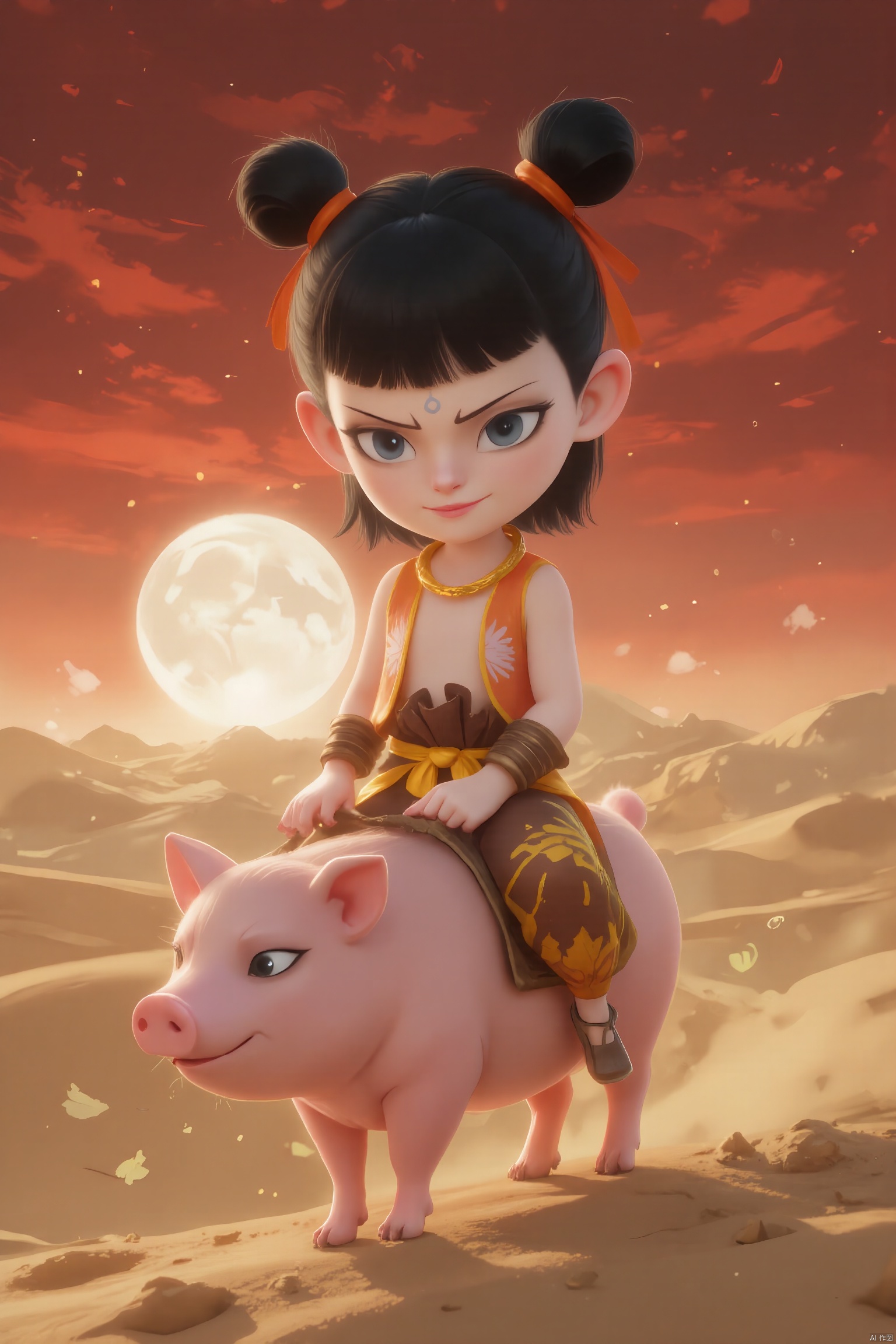 LZNZ, Riding a pink fat-pig, Digital illustration of a fierce, young warrior with a curious and adventurous smile. His short black hair is styled into two high buns tied with orange ribbons. he wears an orange and brown outfit that mimics the texture of leather, paired with yellow and brown desert-patterned pants. The background is a vast, golden desert under a blood-red sunset, evoking a sense of exploration and mystery. The art style is rugged and vivid, with a desert fantasy theme.