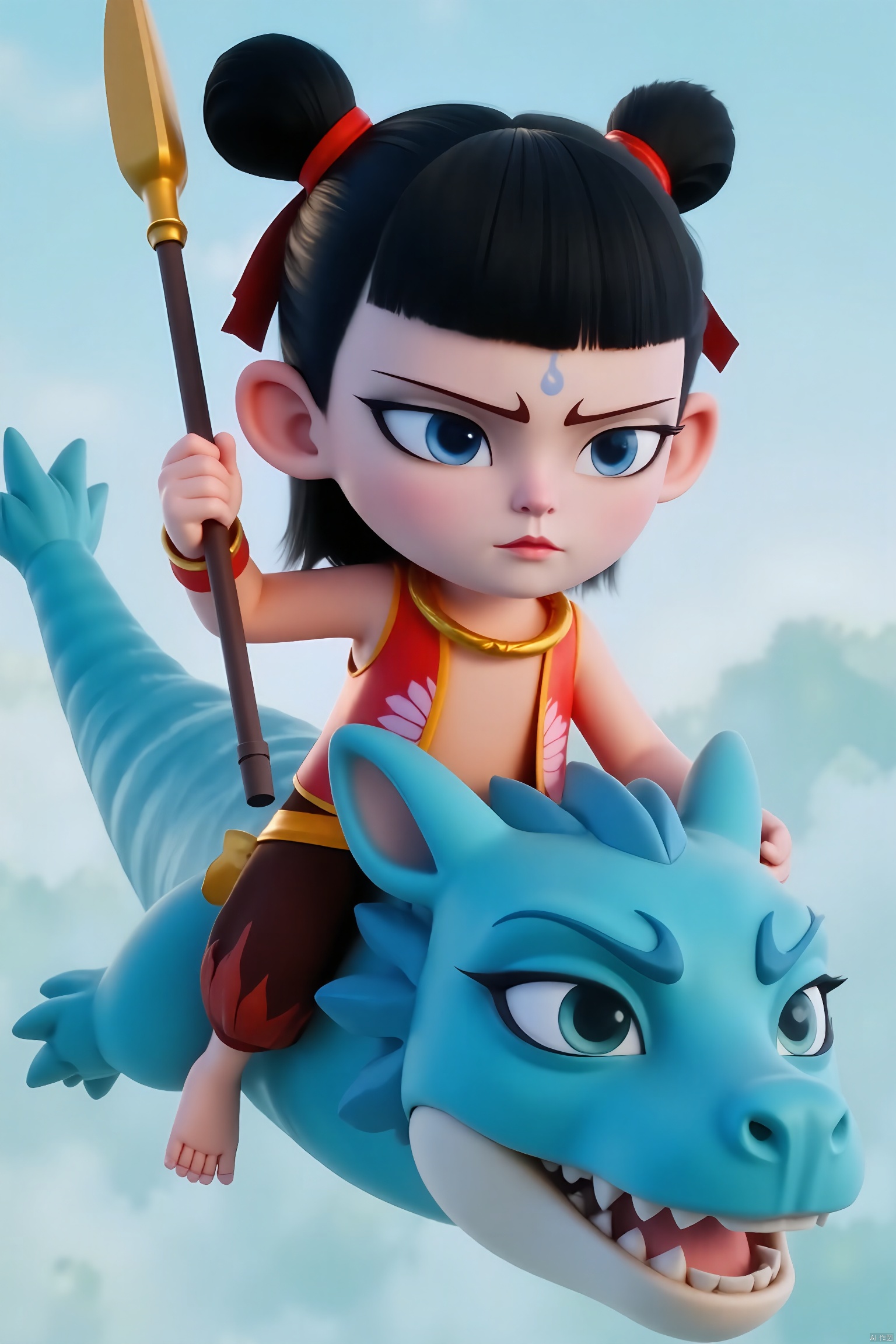 LZNZ,1BOY, 3D animation, red tone, Nezha holds a spear, with fierce expression, rides on the blue dragon head, soars in the sky, 3D movie poster, surrealism