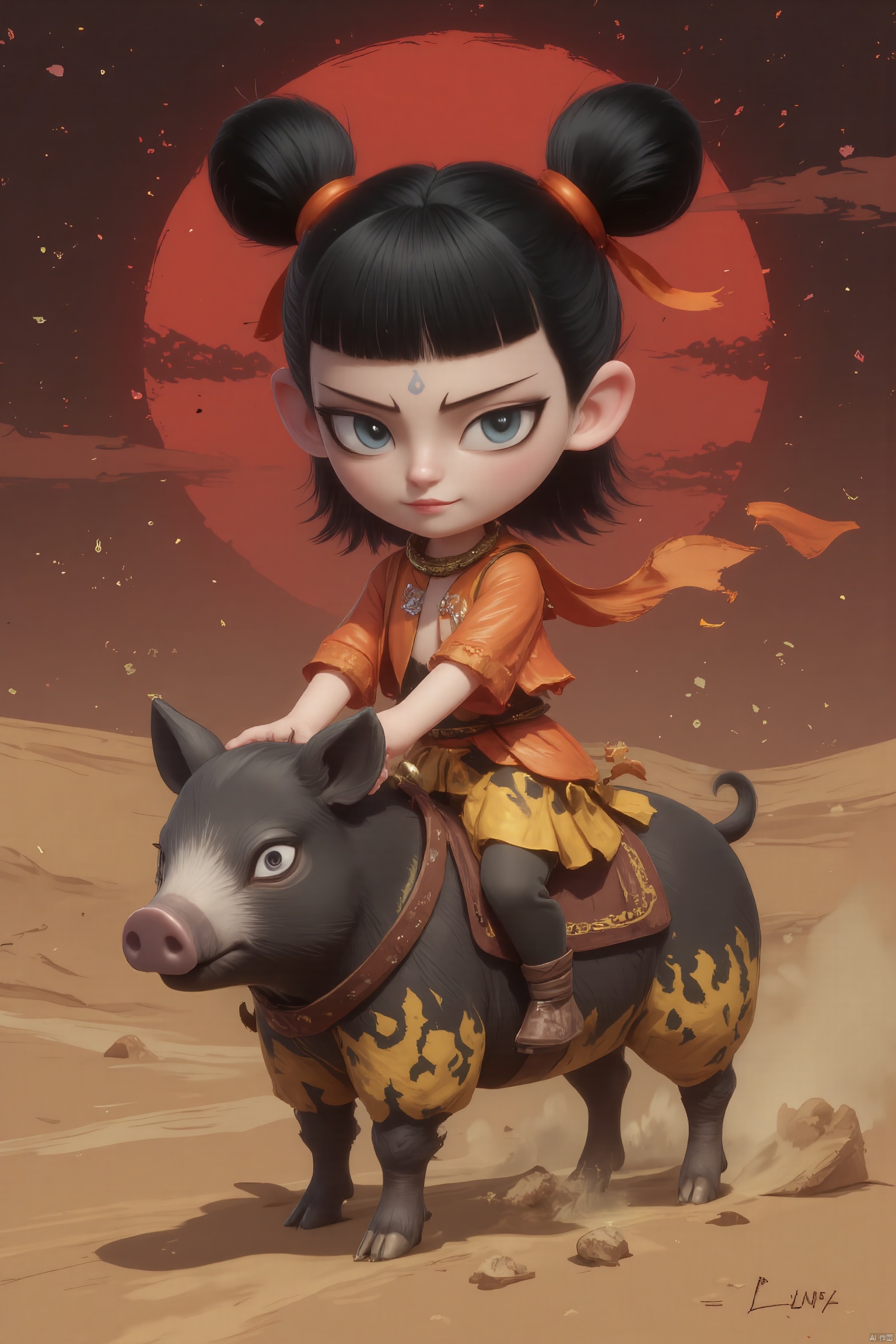 LZNZ, Riding a pig, Digital illustration of a fierce, young warrior with a curious and adventurous smile. His short black hair is styled into two high buns tied with orange ribbons. he wears an orange and brown outfit that mimics the texture of leather, paired with yellow and brown desert-patterned pants. The background is a vast, golden desert under a blood-red sunset, evoking a sense of exploration and mystery. The art style is rugged and vivid, with a desert fantasy theme.