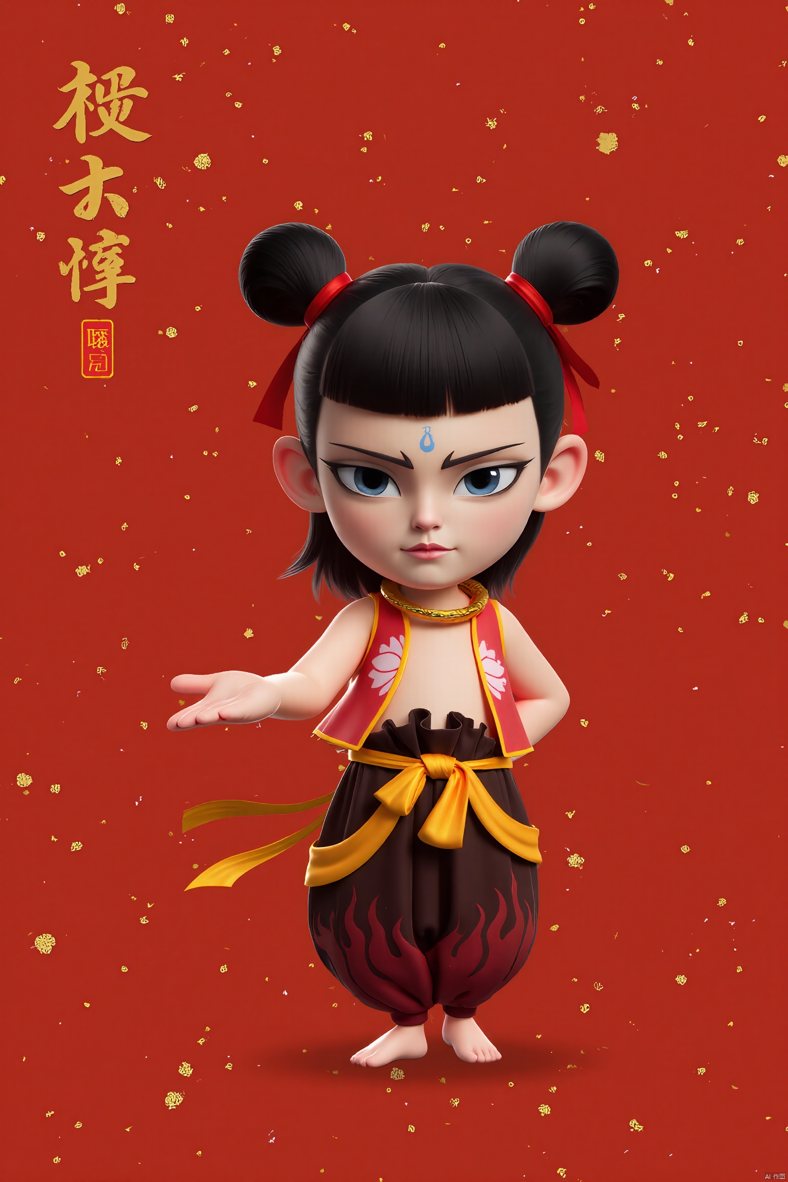 LZNZ,1BOY, 3D Nezha, Nezha, shock, freehand ink painting, spray painting, red, gold foil, flower blue, dawn, silver ash, pearlescent, fused into ethereality, artistic vision , freehand, minimalist, national style, big red
