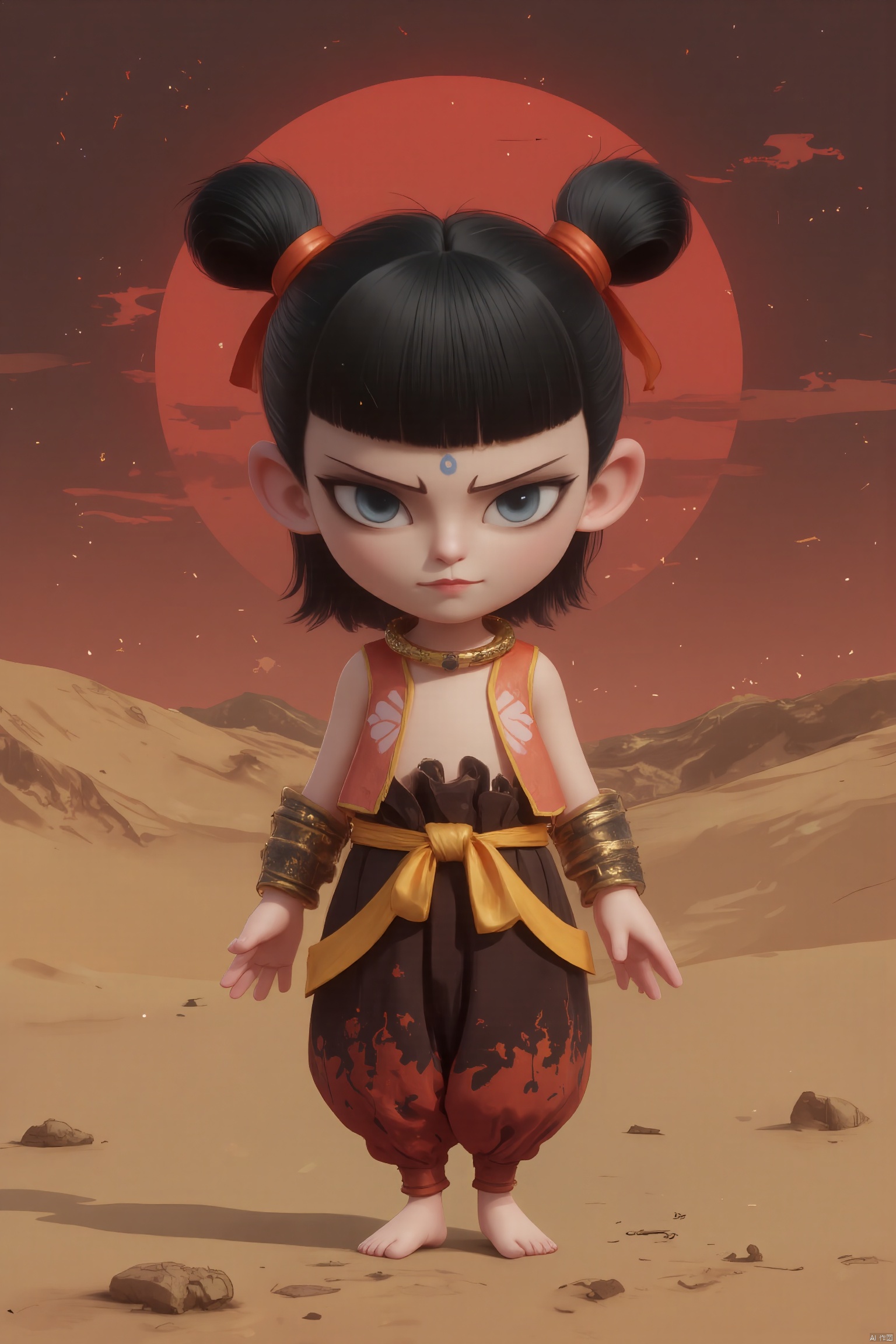 LZNZ, Digital illustration of a fierce, young warrior with a curious and adventurous smile. His short black hair is styled into two high buns tied with orange ribbons. he wears an orange and brown outfit that mimics the texture of leather, paired with yellow and brown desert-patterned pants. The background is a vast, golden desert under a blood-red sunset, evoking a sense of exploration and mystery. The art style is rugged and vivid, with a desert fantasy theme.