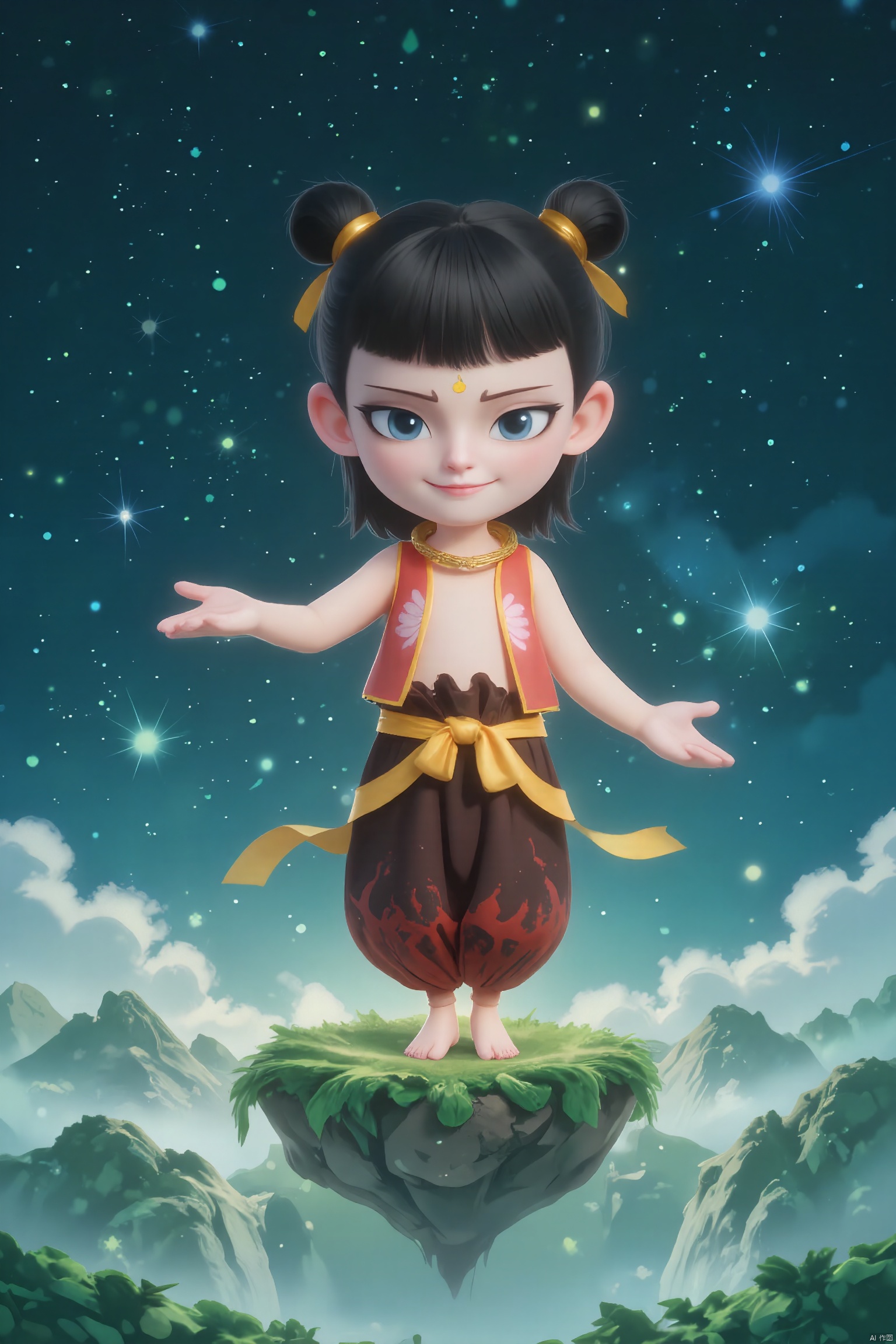 LZNZ, A boy stands proudly on a floating island with stars beneath her feet. he sports a playful smile, blue eyes, and a gold star on his forehead. Gold ribbons twirl around her, and the background showcases a cosmic landscape with shimmering galaxies. The image is a digital illustration in a dreamy, ethereal style.