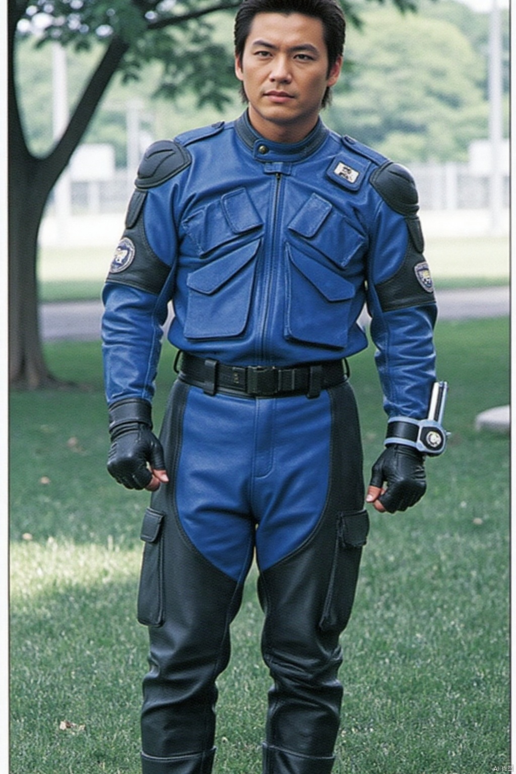 night raiders,collar,belt,logo,uniform,jacket,pants,gloves,boots,emblem,blue jacket,blue pants,
full_body