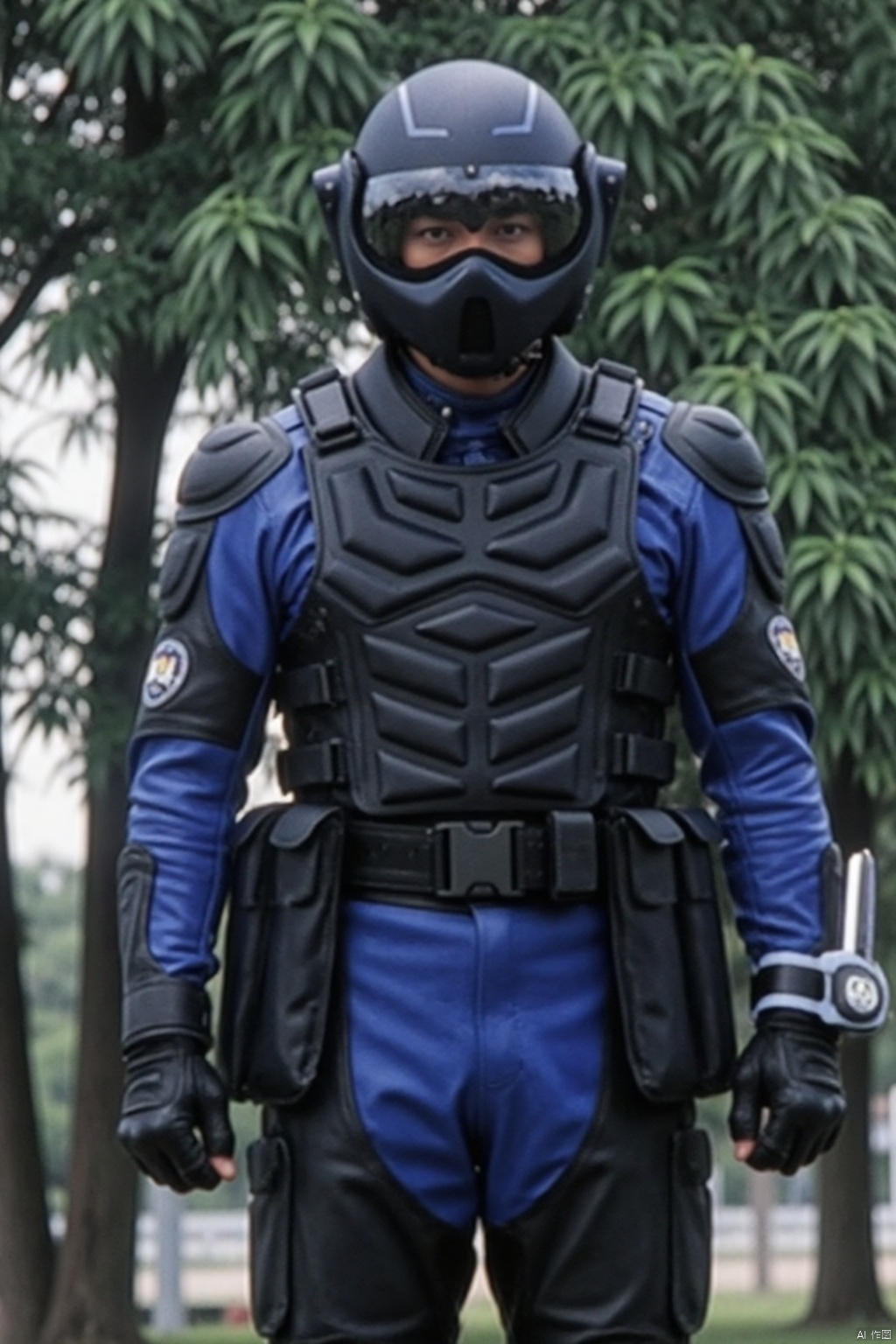 night raiders fa,helmet,collar,belt,military uniform,logo,uniform,jacket,helmet,fingerless gloves,gloves,boots,emblem,pants,bodysuit,belt pouch,armband,military,bulletproof vest,black gloves,belt,pants,black footwear,knee pads,police,tactical clothes,blue jacket,blue pants