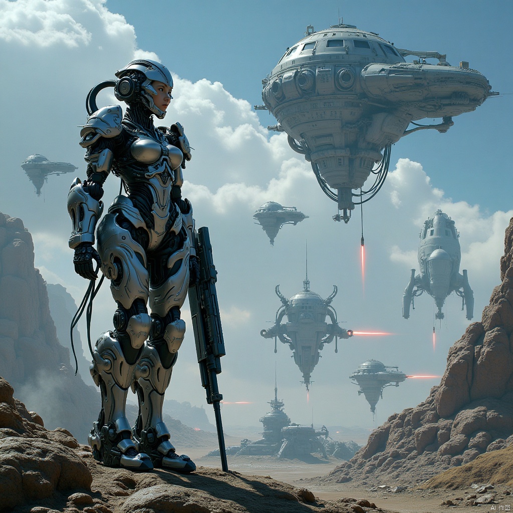 Robot, fighting posture,Robot,in the distant future,on a mysterious alien base on the edge of the Milky Way,a well-equipped mecha maiden stands quietly,her shining mechanical armor contrasting with the busy and orderly war machines around her. Overhead,various types of starships shuttle through the sky like meteors,either on patrol missions or preparing for hyperspace jumps. There was an atmosphere of tension and anticipation in the base,as if a battle to determine the fate of the universe was about to begin. The picture captures the strong contrast between this stillness and movement,as well as the endless story possibilities contained therein.,