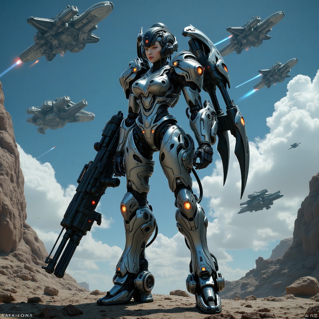 Robot, fighting posture,Robot,in the distant future,on a mysterious alien base on the edge of the Milky Way,a well-equipped mecha maiden stands quietly,her shining mechanical armor contrasting with the busy and orderly war machines around her. Overhead,various types of starships shuttle through the sky like meteors,either on patrol missions or preparing for hyperspace jumps. There was an atmosphere of tension and anticipation in the base,as if a battle to determine the fate of the universe was about to begin. The picture captures the strong contrast between this stillness and movement,as well as the endless story possibilities contained therein.,