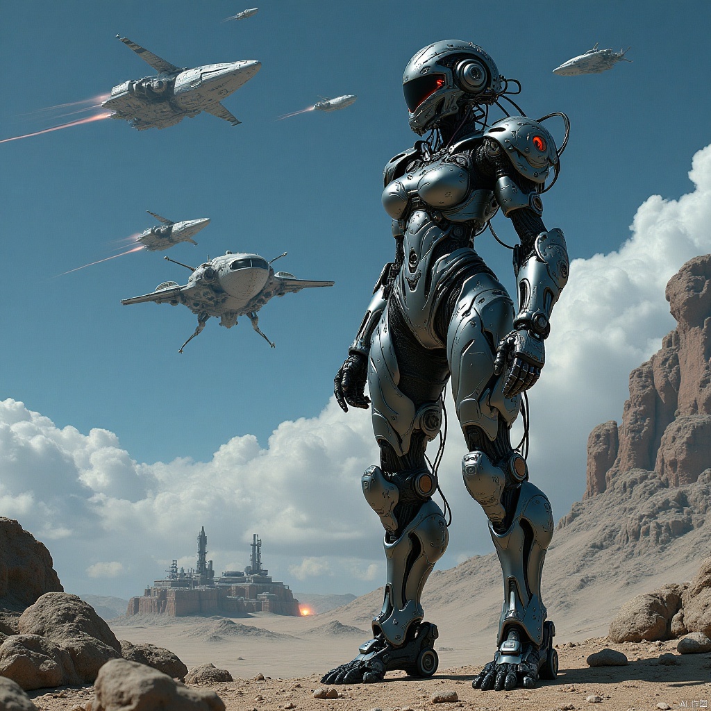 Robot, fighting posture,Robot,in the distant future,on a mysterious alien base on the edge of the Milky Way,a well-equipped mecha maiden stands quietly,her shining mechanical armor contrasting with the busy and orderly war machines around her. Overhead,various types of starships shuttle through the sky like meteors,either on patrol missions or preparing for hyperspace jumps. There was an atmosphere of tension and anticipation in the base,as if a battle to determine the fate of the universe was about to begin. The picture captures the strong contrast between this stillness and movement,as well as the endless story possibilities contained therein.,