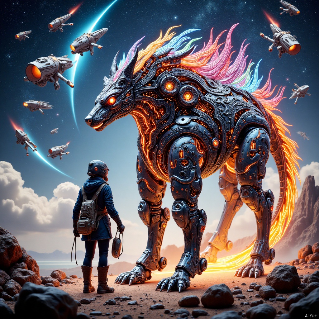Robot, fighting posture,Robot,in the distant future,on a mysterious alien base on the edge of the Milky Way,a well-equipped mecha maiden stands quietly,her shining mechanical armor contrasting with the busy and orderly war machines around her. Overhead,various types of starships shuttle through the sky like meteors,either on patrol missions or preparing for hyperspace jumps. There was an atmosphere of tension and anticipation in the base,as if a battle to determine the fate of the universe was about to begin. The picture captures the strong contrast between this stillness and movement,as well as the endless story possibilities contained therein.,Strange animal