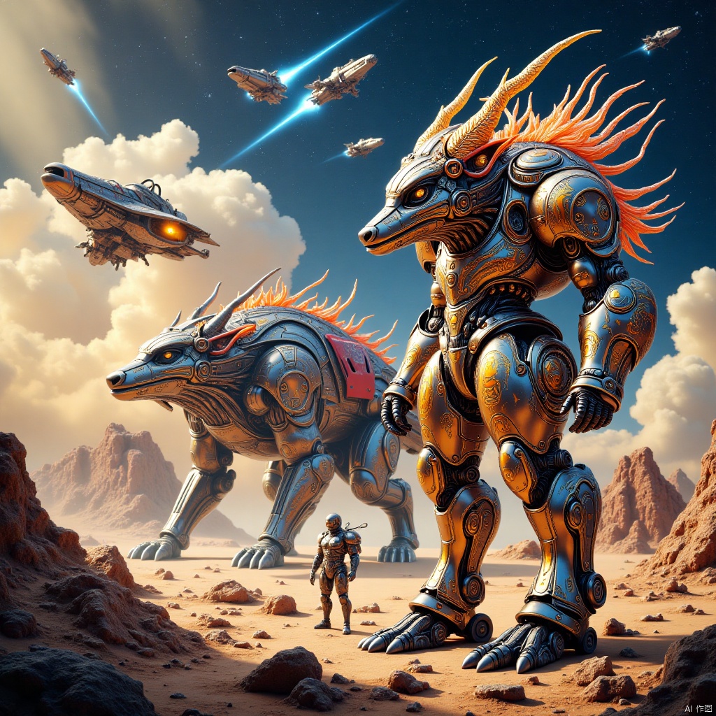Robot, fighting posture,Robot,in the distant future,on a mysterious alien base on the edge of the Milky Way,a well-equipped mecha maiden stands quietly,her shining mechanical armor contrasting with the busy and orderly war machines around her. Overhead,various types of starships shuttle through the sky like meteors,either on patrol missions or preparing for hyperspace jumps. There was an atmosphere of tension and anticipation in the base,as if a battle to determine the fate of the universe was about to begin. The picture captures the strong contrast between this stillness and movement,as well as the endless story possibilities contained therein.,Strange animal