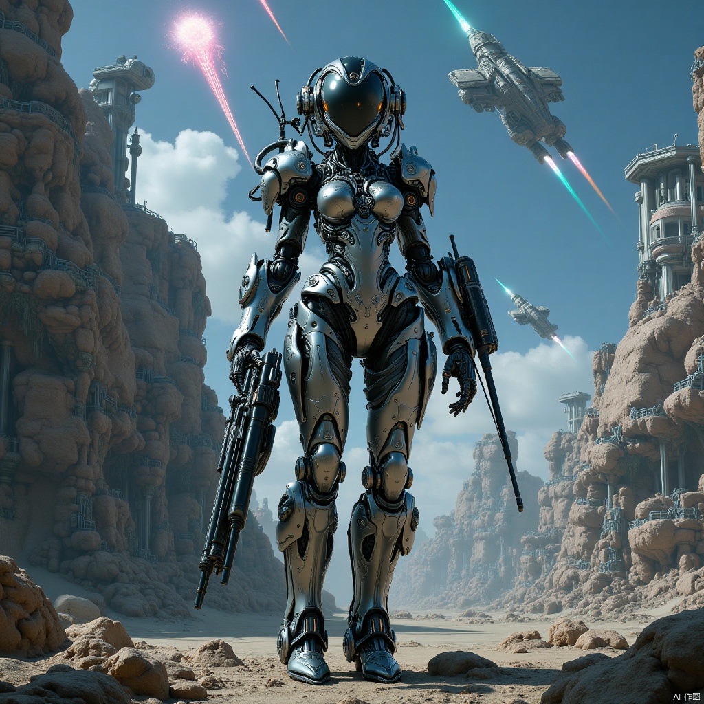 Robot, fighting posture,Robot,in the distant future,on a mysterious alien base on the edge of the Milky Way,a well-equipped mecha maiden stands quietly,her shining mechanical armor contrasting with the busy and orderly war machines around her. Overhead,various types of starships shuttle through the sky like meteors,either on patrol missions or preparing for hyperspace jumps. There was an atmosphere of tension and anticipation in the base,as if a battle to determine the fate of the universe was about to begin. The picture captures the strong contrast between this stillness and movement,as well as the endless story possibilities contained therein.,