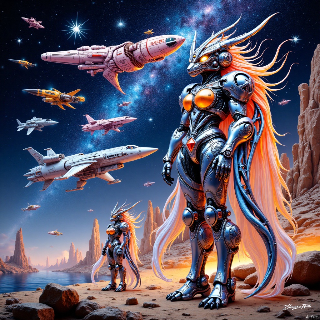 Robot, fighting posture,Robot,in the distant future,on a mysterious alien base on the edge of the Milky Way,a well-equipped mecha maiden stands quietly,her shining mechanical armor contrasting with the busy and orderly war machines around her. Overhead,various types of starships shuttle through the sky like meteors,either on patrol missions or preparing for hyperspace jumps. There was an atmosphere of tension and anticipation in the base,as if a battle to determine the fate of the universe was about to begin. The picture captures the strong contrast between this stillness and movement,as well as the endless story possibilities contained therein.,Strange animal