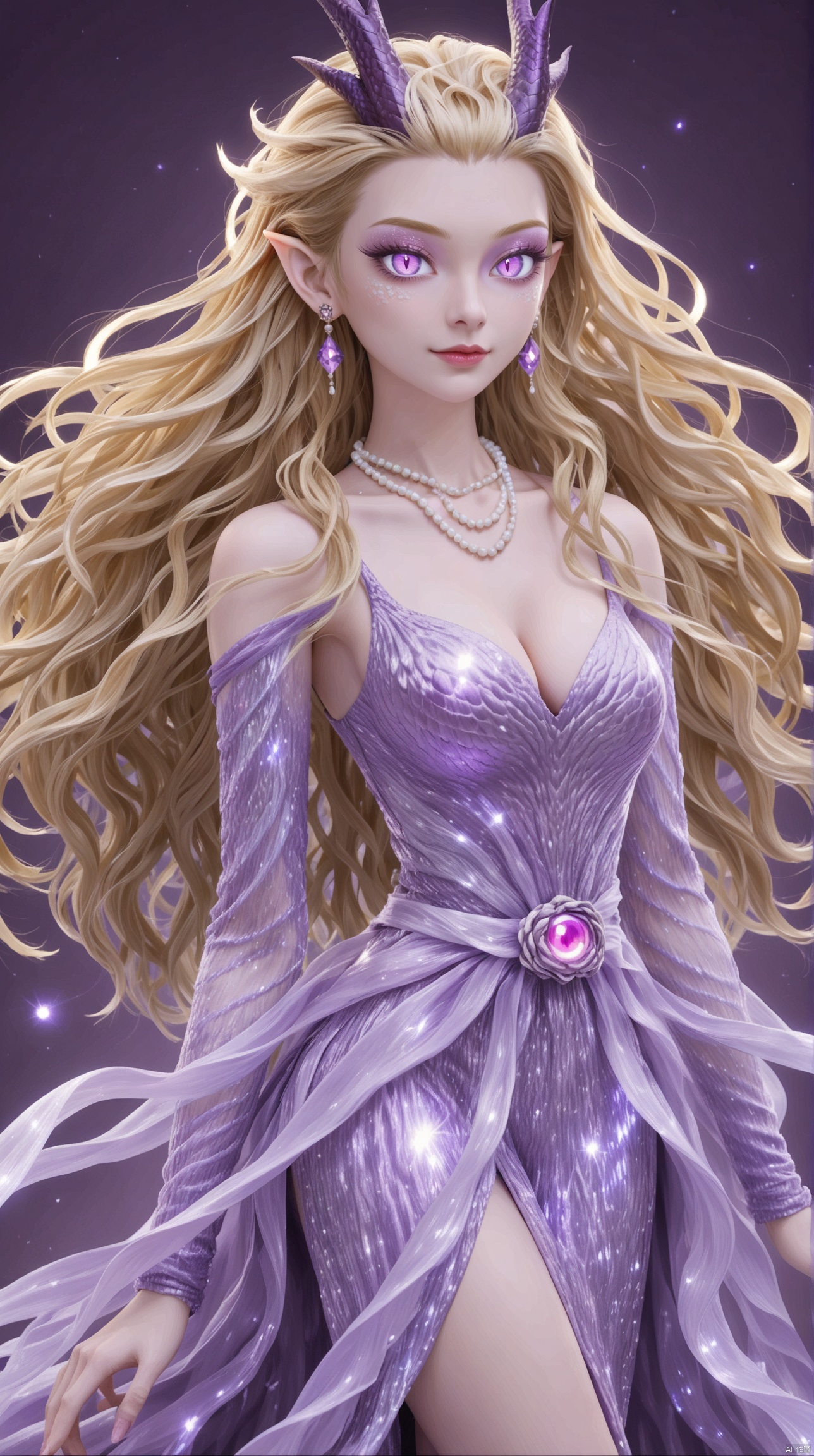 1girl,Long hair,blond hair,powder eye shadow,Dragon horn,purple pupils,Earrings,Pearl necklace,Cleavage,Pointed ears,,Glowing hair,long dress,pretty legs,looking at viewer,hall