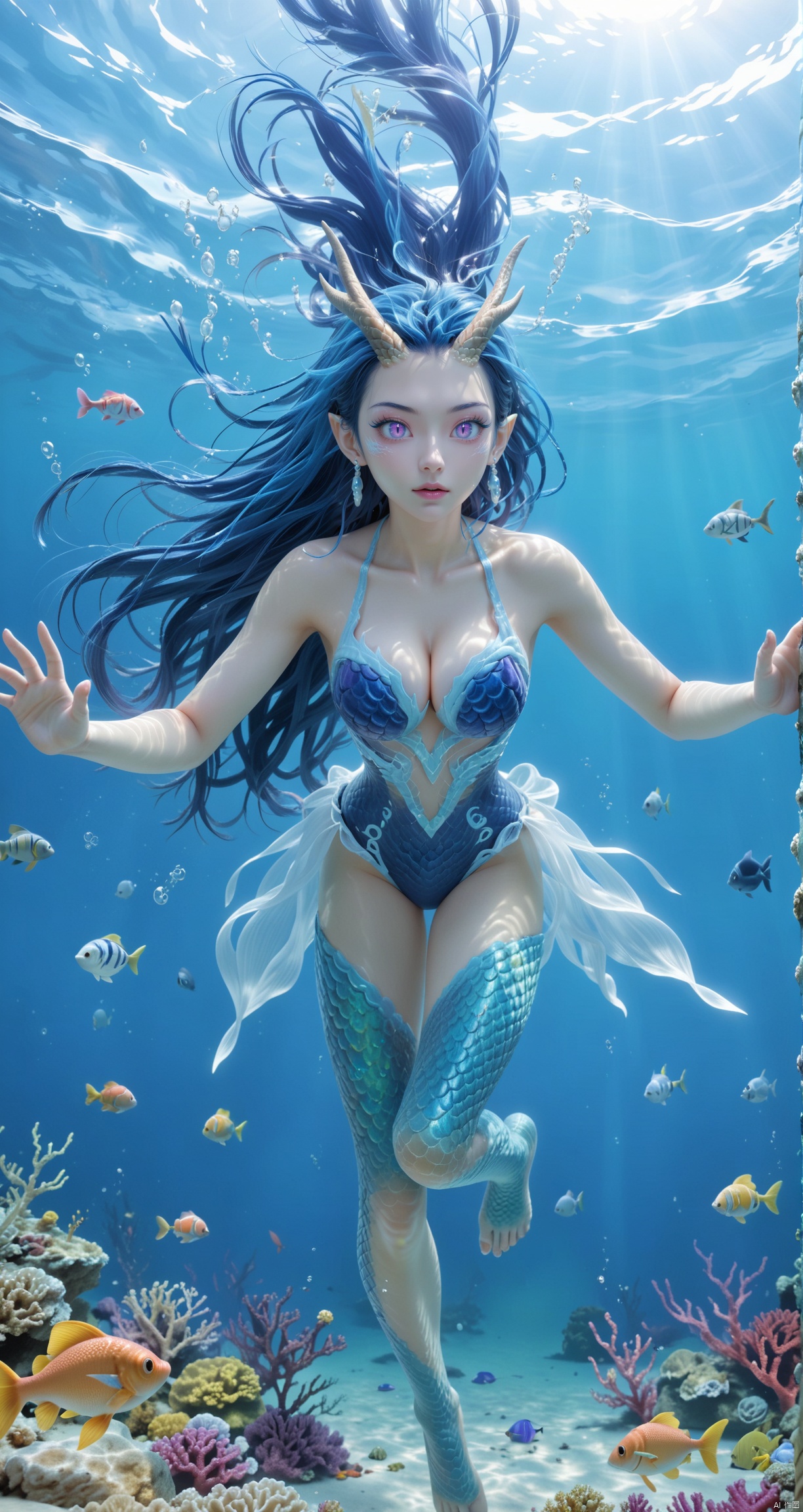1girl,blue hair,Long hair,powder eye shadow,Dragon horn,purple pupils,Earrings,Sharp ears,Cleavage,fish scale,ocean bottom,pretty legs,underwater,dynamic pose,Natural expression,Natural light effect,diving,Random perspective,Scales on the skin