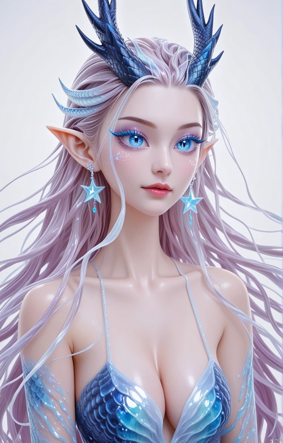 1girl,Long  blond hair,,powder eye shadow,Dragon horn,Starry eyes,,Earrings,Cleavage,fish scale,Pointed ears