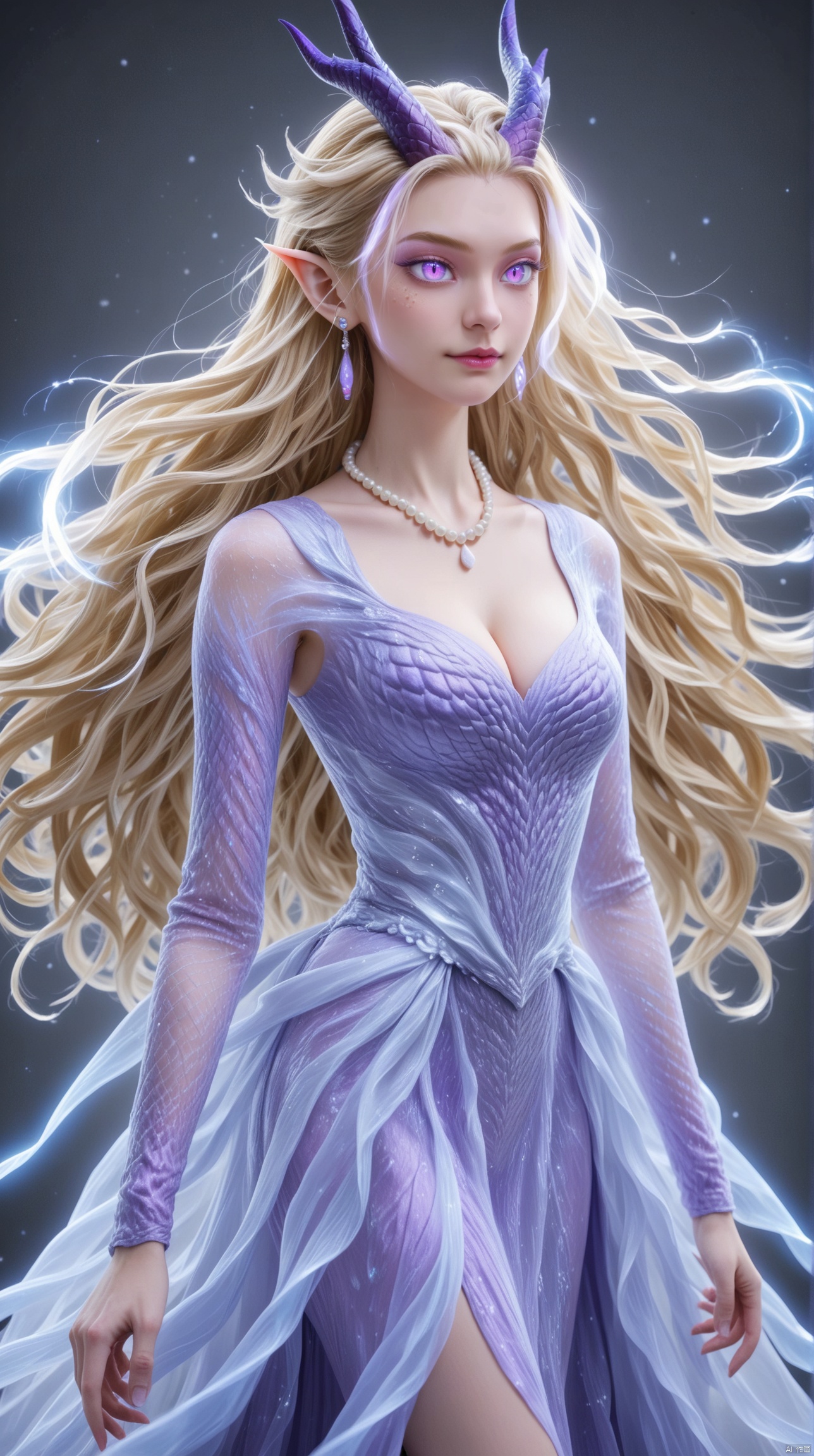Realistic,1girl,Long hair,blond hair,powder eye shadow,Dragon horn,purple pupils,Earrings,Pearl necklace,Cleavage,Pointed ears,,Glowing hair,long dress,pretty legs,
