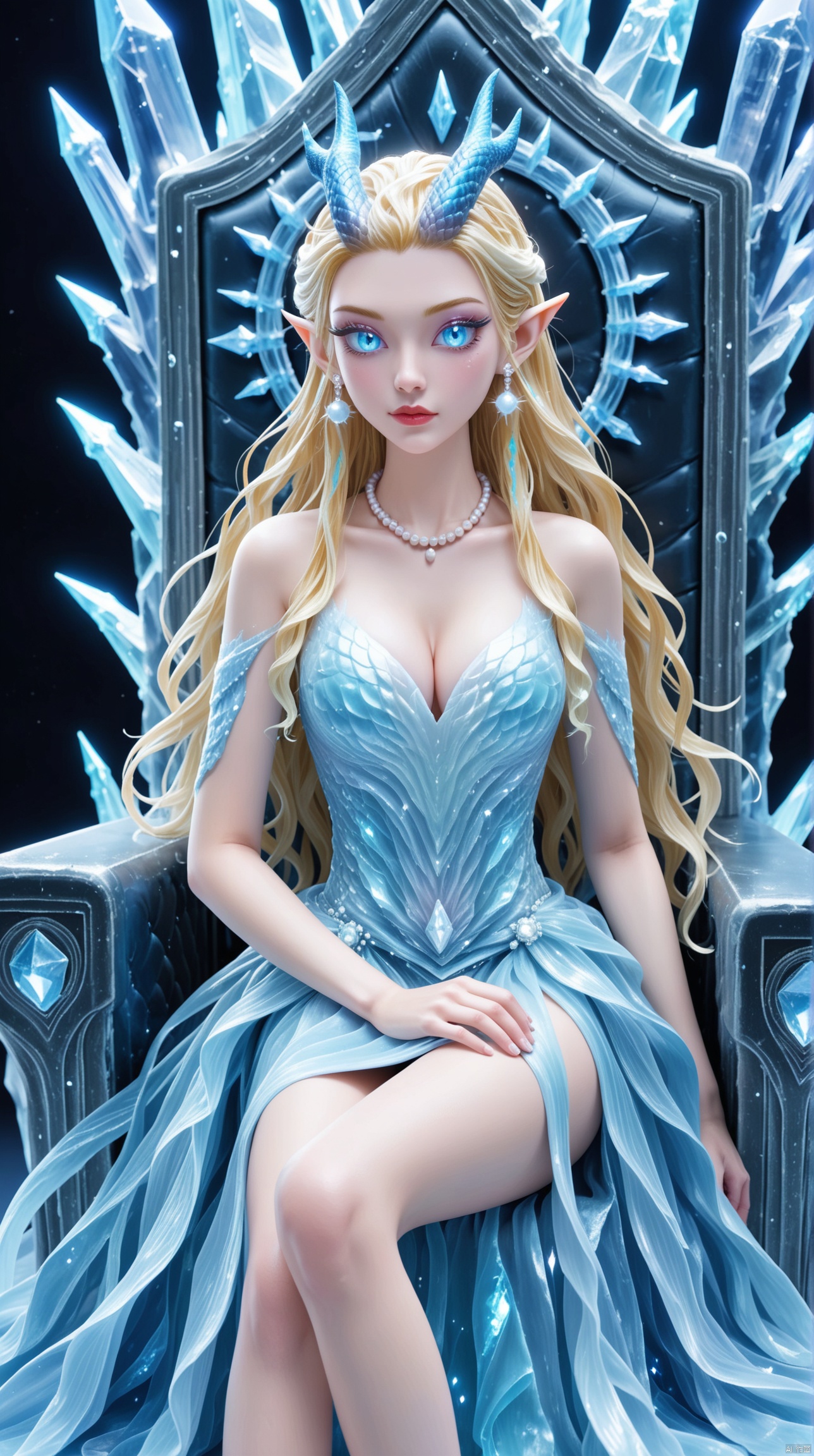 1girl,Long hair,blond hair,powder eye shadow,Dragon horn,Starry eyes,,Earrings,Pearl necklace,Cleavage,fish scale,Pointed ears,,Glowing hair,long dress,pretty legs,Ice crystal throne,