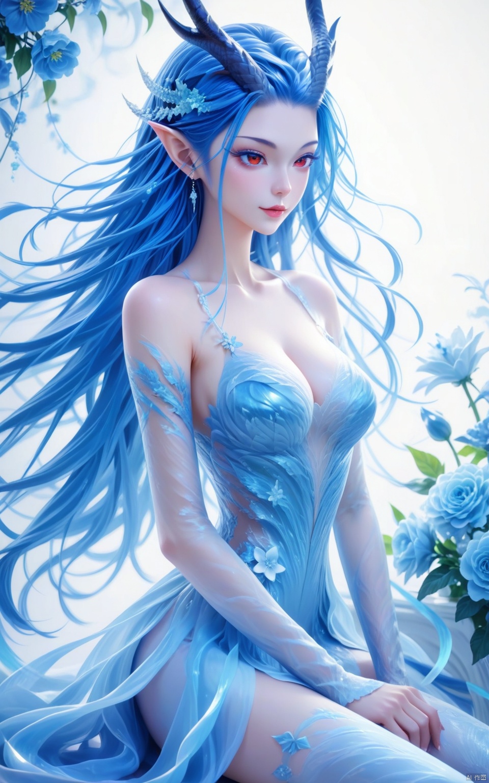 score_9, score_8_up, score_7_up,highly detailed digital,CG,1girl, solo, long hair, breasts, red eyes, dress, cleavage, bare shoulders, medium breasts, sitting, blue hair, flower, horns, pointy ears,