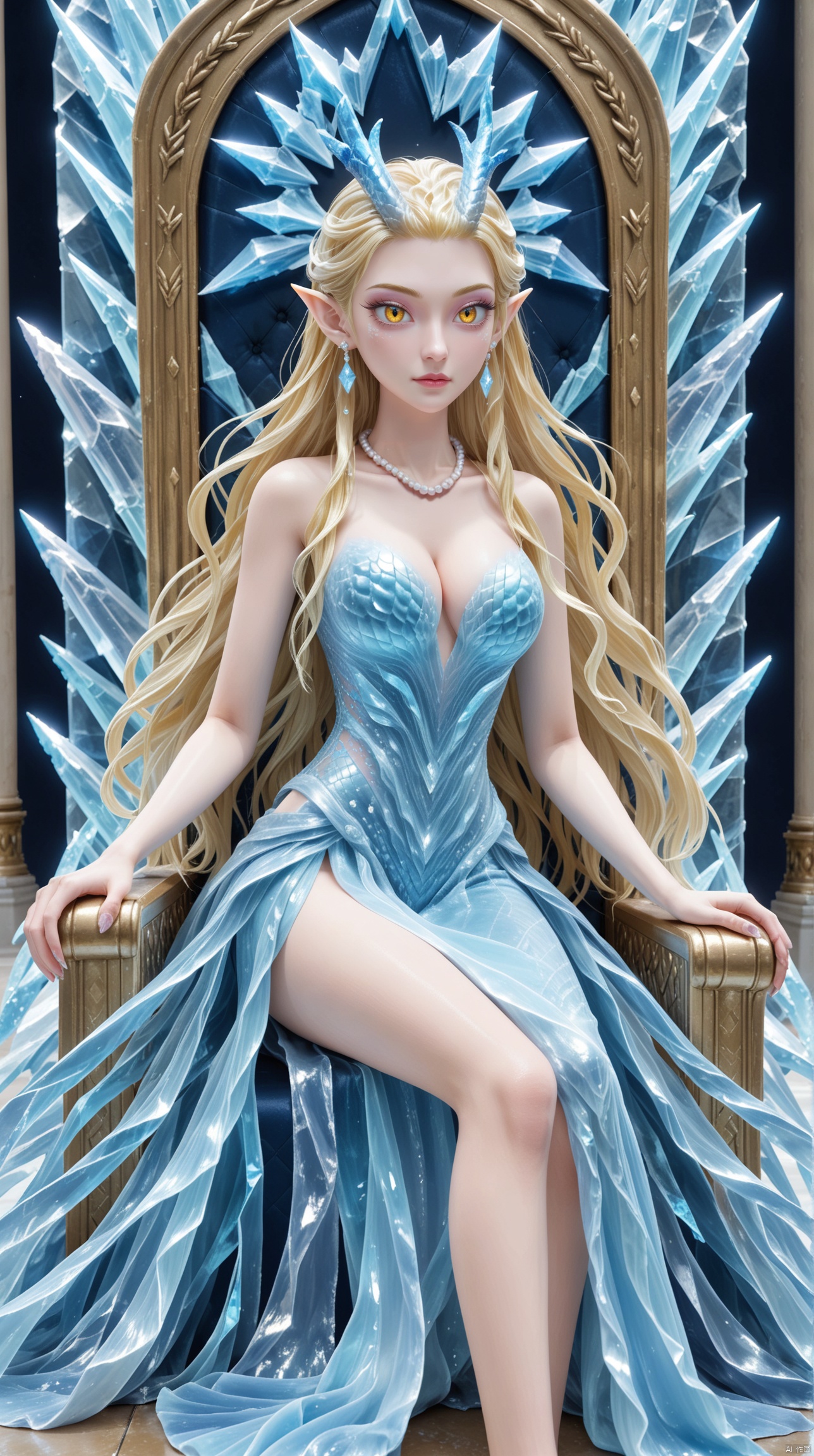 1girl,Long hair,blond hair,powder eye shadow,Dragon horn, Golden eyes,,Earrings,Pearl necklace,Cleavage,fish scale,Pointed ears,,Glowing hair,long dress,pretty legs,Ice crystal throne,Ice palace