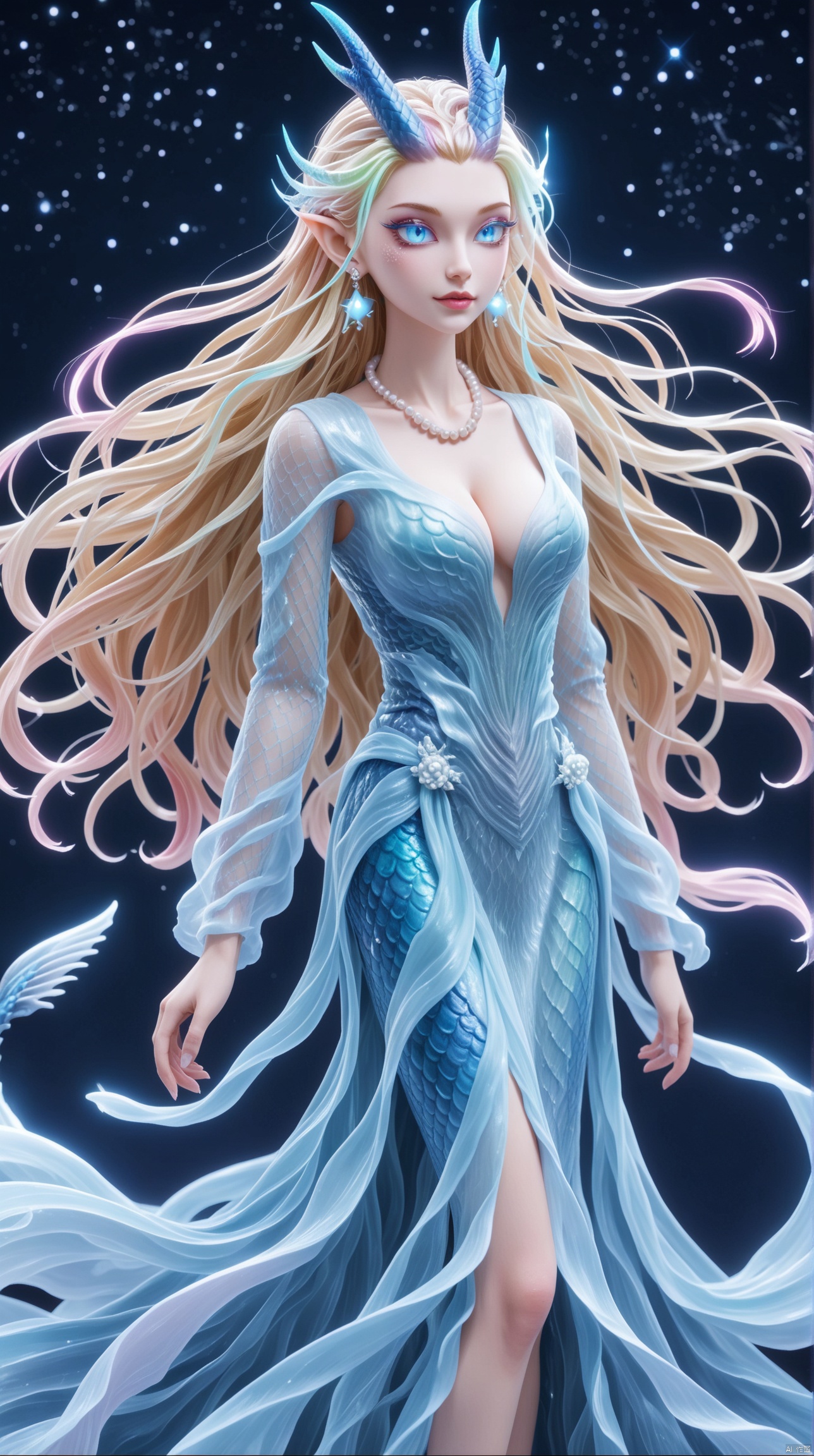 1girl,Long hair,blond hair,powder eye shadow,Dragon horn,Starry eyes,,Earrings,Pearl necklace,Cleavage,fish scale,Pointed ears,,Glowing hair,long dress,pretty legs